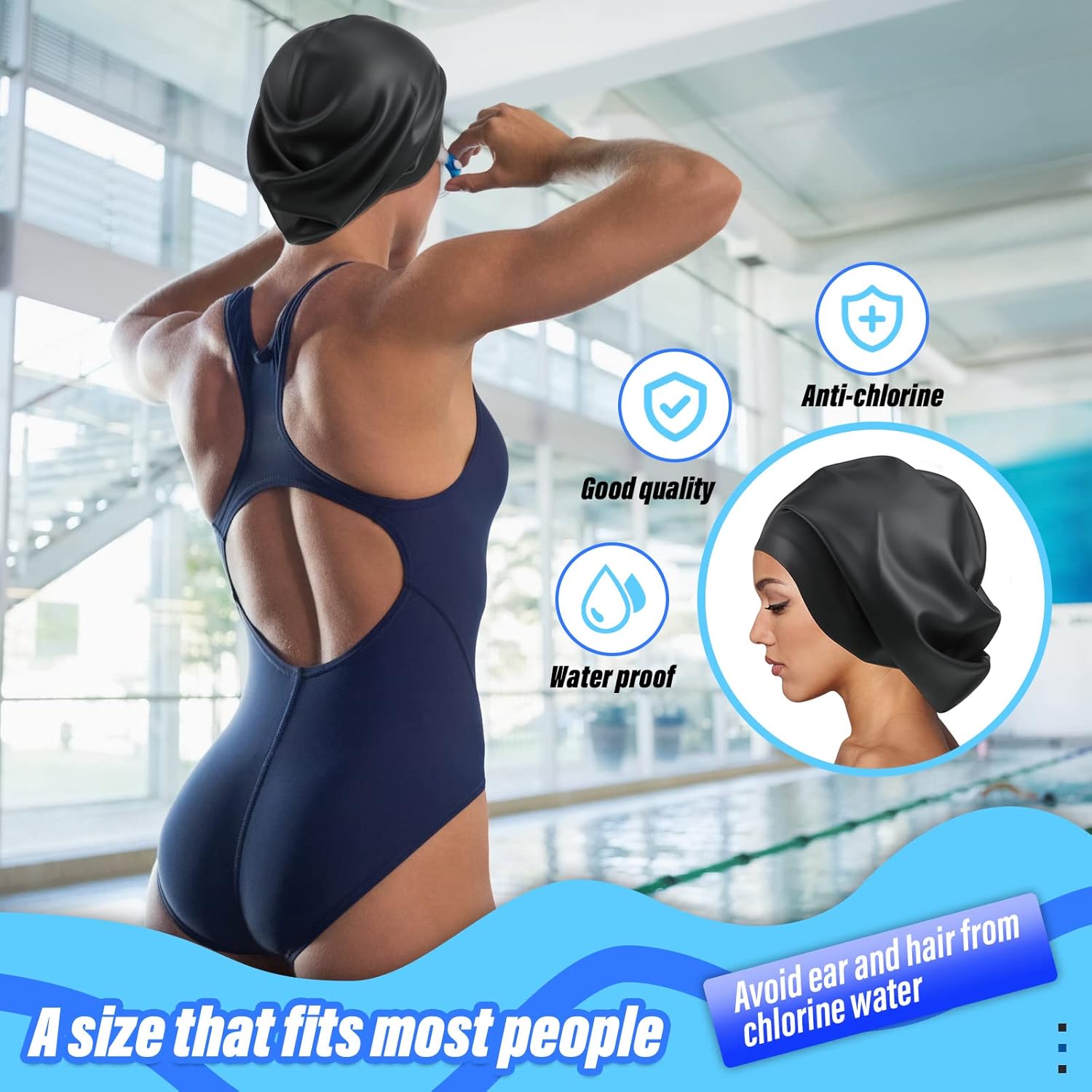 12.6 x 11.42 inch Silicone Swim Cap for Women Men Extra Large Swimming Cap Waterproof Bathing Cap Swim Hat with Ear Plug and Nose Clip for Long Hair Braids Dreadlocks Extensions, Black and L Size : Sports & Outdoors