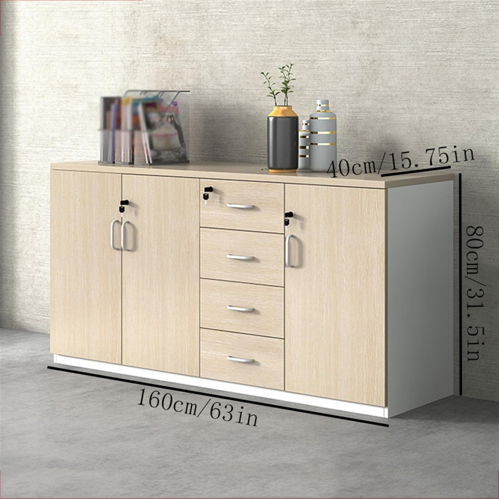 Armadietto portadocumenti in legno, 1,6 m, con serratura, con 3 ante e 4 armadietti, perfetto per nizzare documenti e forniture in casa o in ufficio