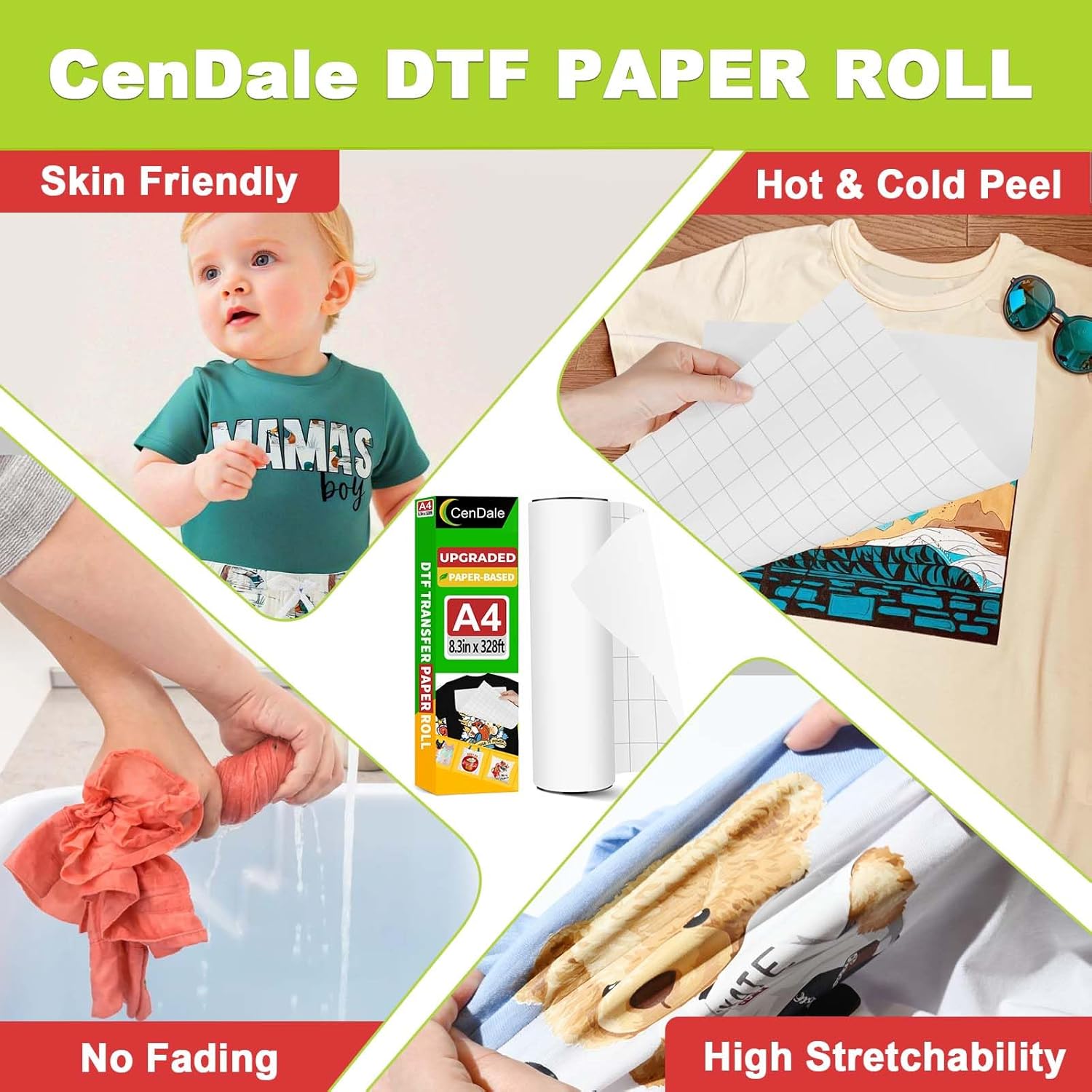 CenDale Upgraded DTF Paper Roll 8.3” x 328ft - Paper Based A4 DTF Transfer Paper Roll for DTF Printer, Eco-Friendly, No Jamming, No Smear, Hot/Cold Peel A4 DTF Roll Paper for Dark & Light Tshirt