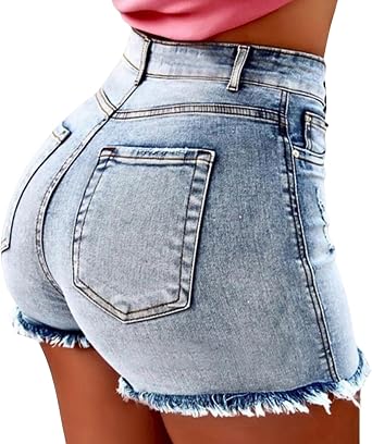 Stretchy Jean Shorts Womens High Waisted Frayed Raw Hem Distressed Denim Shorts Cut Off Shorts Casual