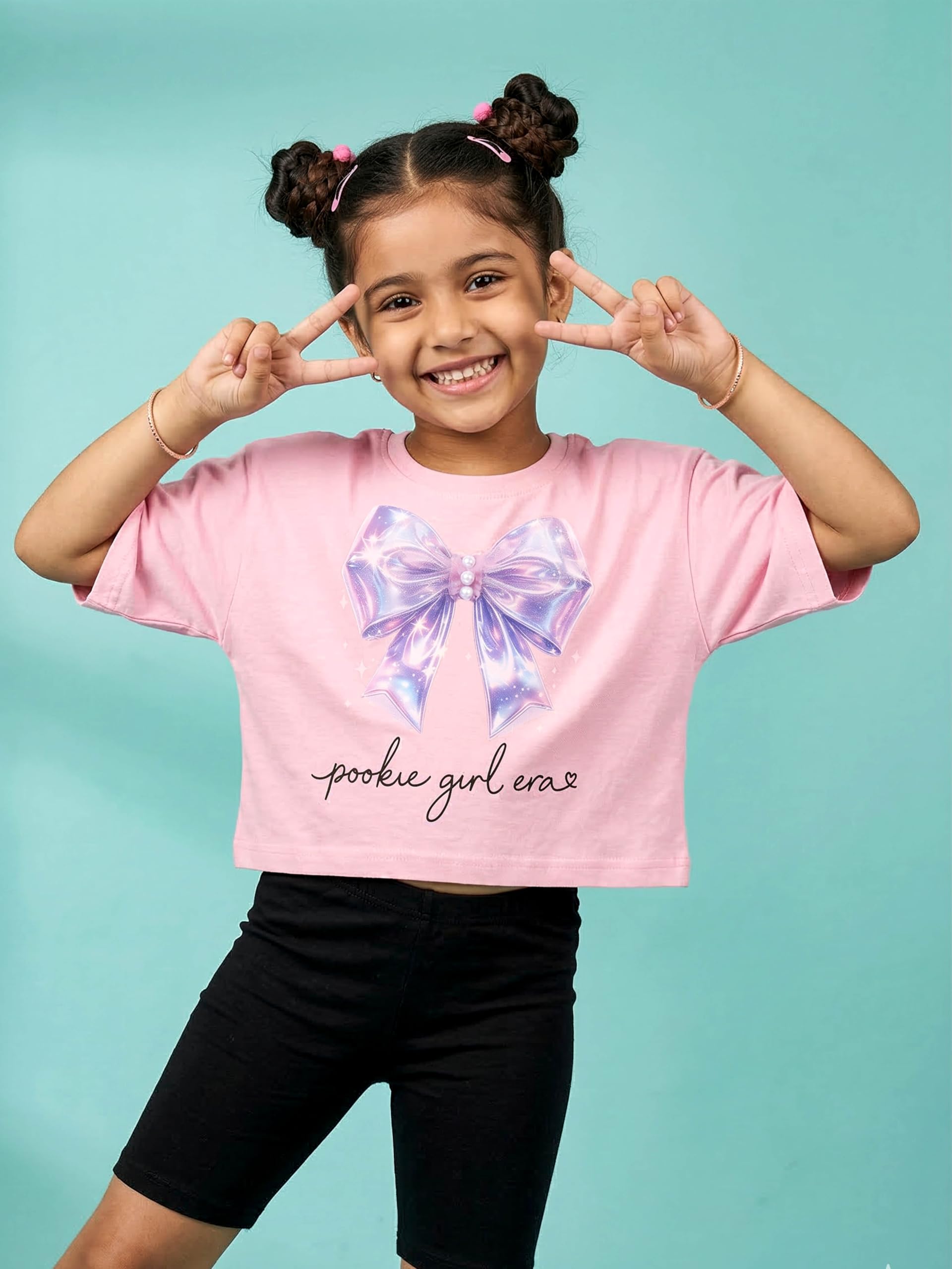 KiddoPanti Girls Cotton Bow Graphic Printed Drop Shoulder Tshirt, Baby Pink Bow - 4-6Y 3