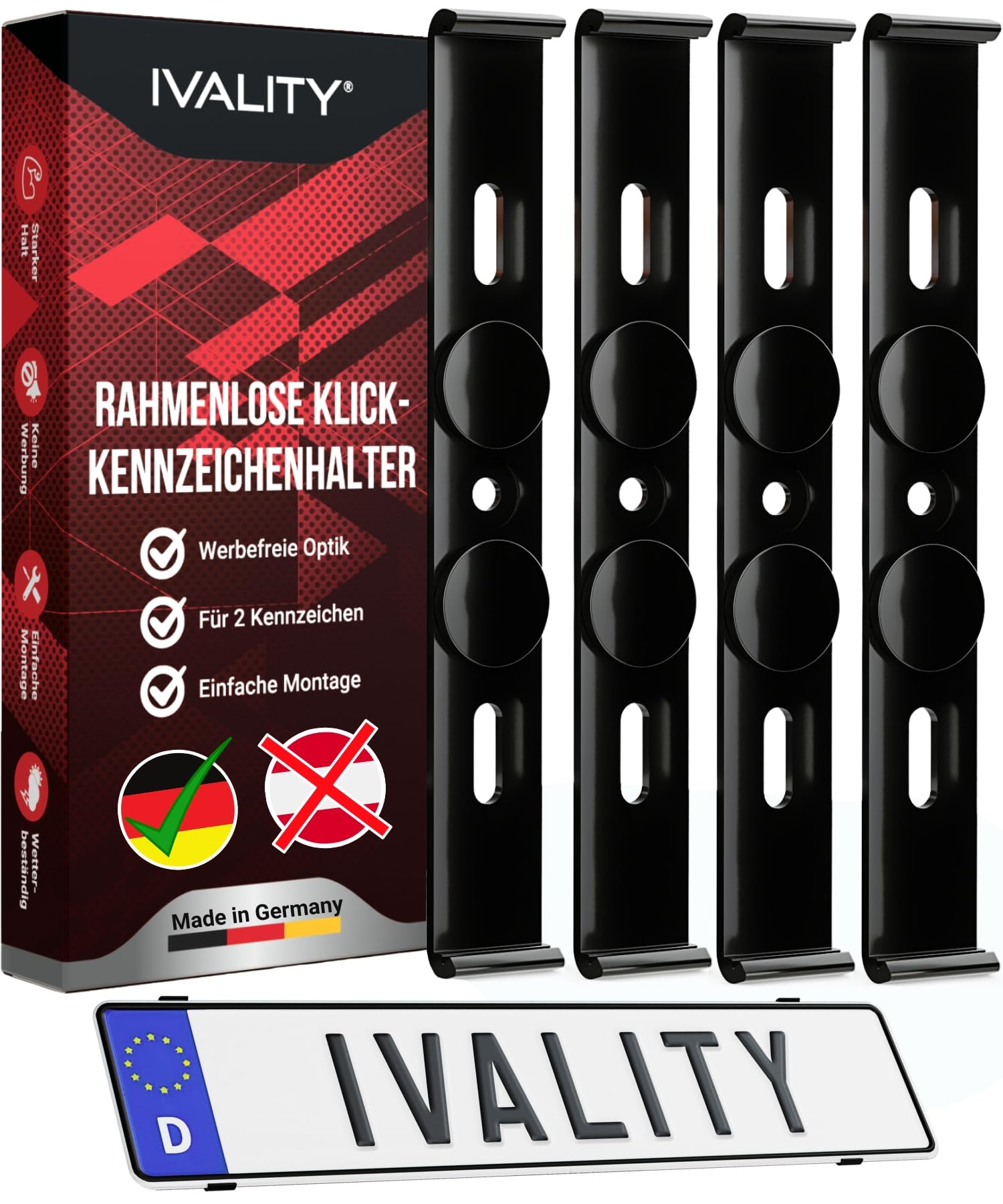 IVALITY® Kennzeichenhalter Rahmenlos - Nummernschildhalterung für 2X deutsche Kennzeichen, Universal Nummernschildhalter, Kfz Kennzeichen-Halterung, 100% legal und Made in Germany…