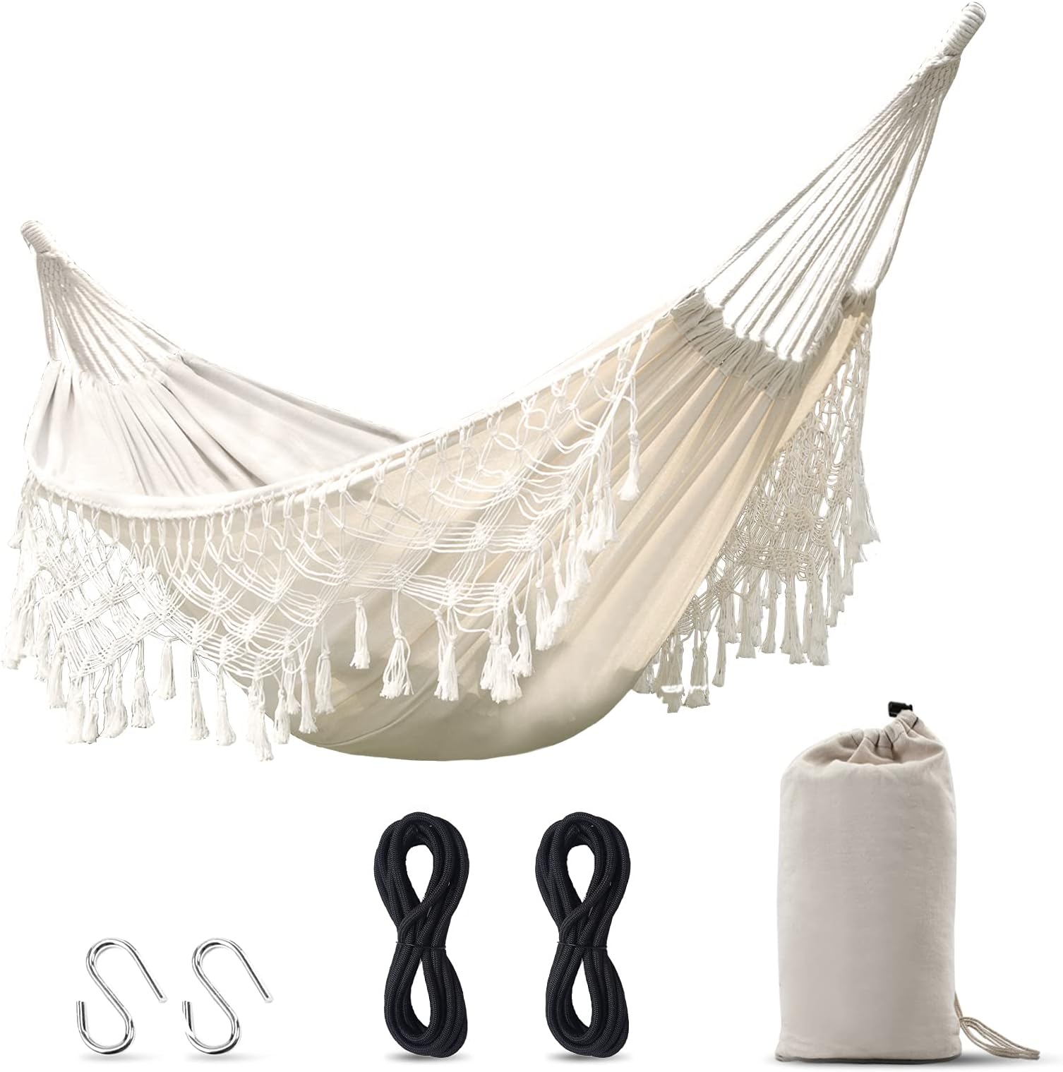 Hammock Boho Large Brazilian Macrame Fringe 2 Person Double Deluxe Hammock Swing,Perfect for Camping Outdoor/Indoor Patio Travel Bedroom Backyard(White)