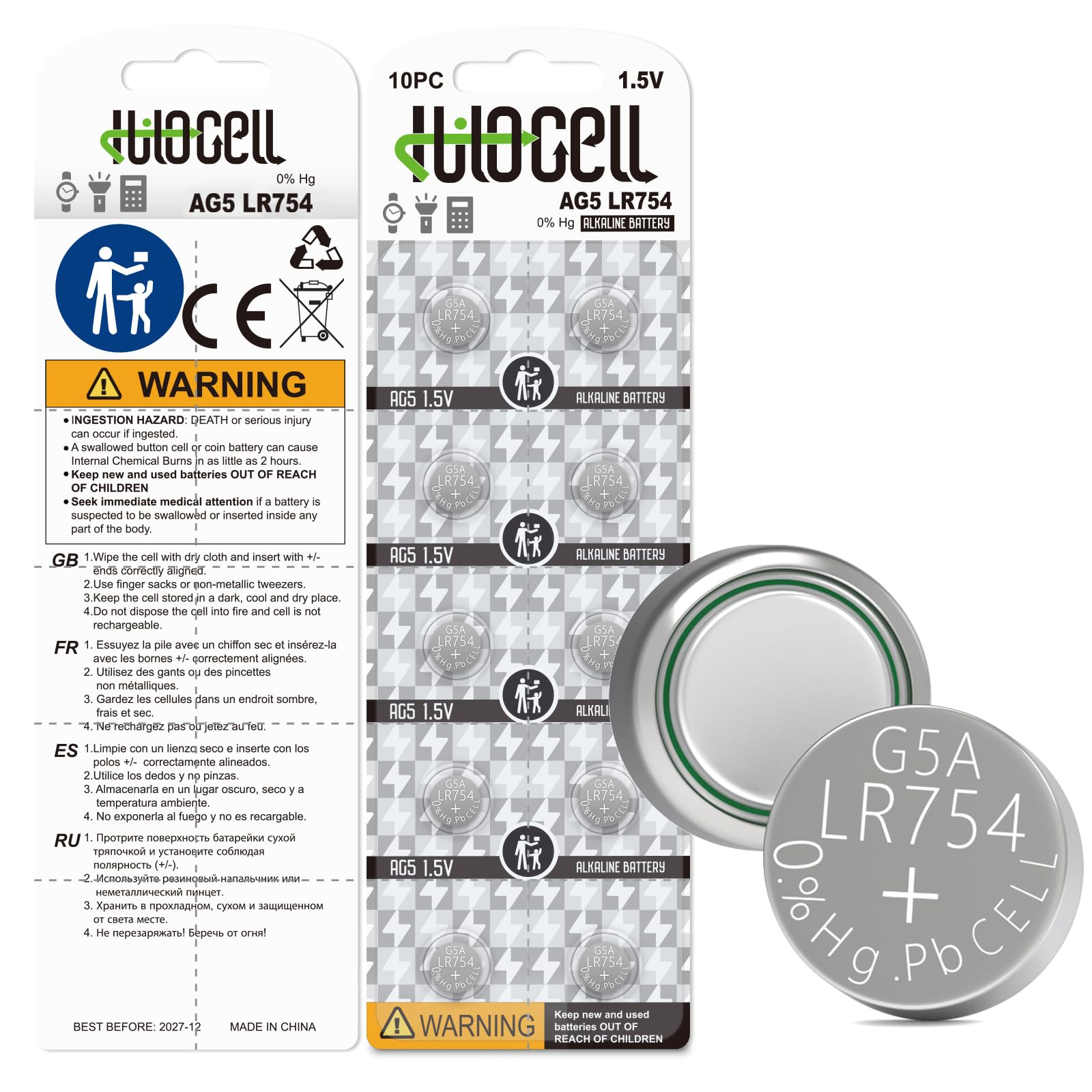 LR754 Button Batteries 10 Pack, AG5 309 393 Coin Cell Battery, 1.55V Long Lasting G5A SR754W Alkaline Coin Batteries Replacement for Clocks, Watches, Toys, Calculators