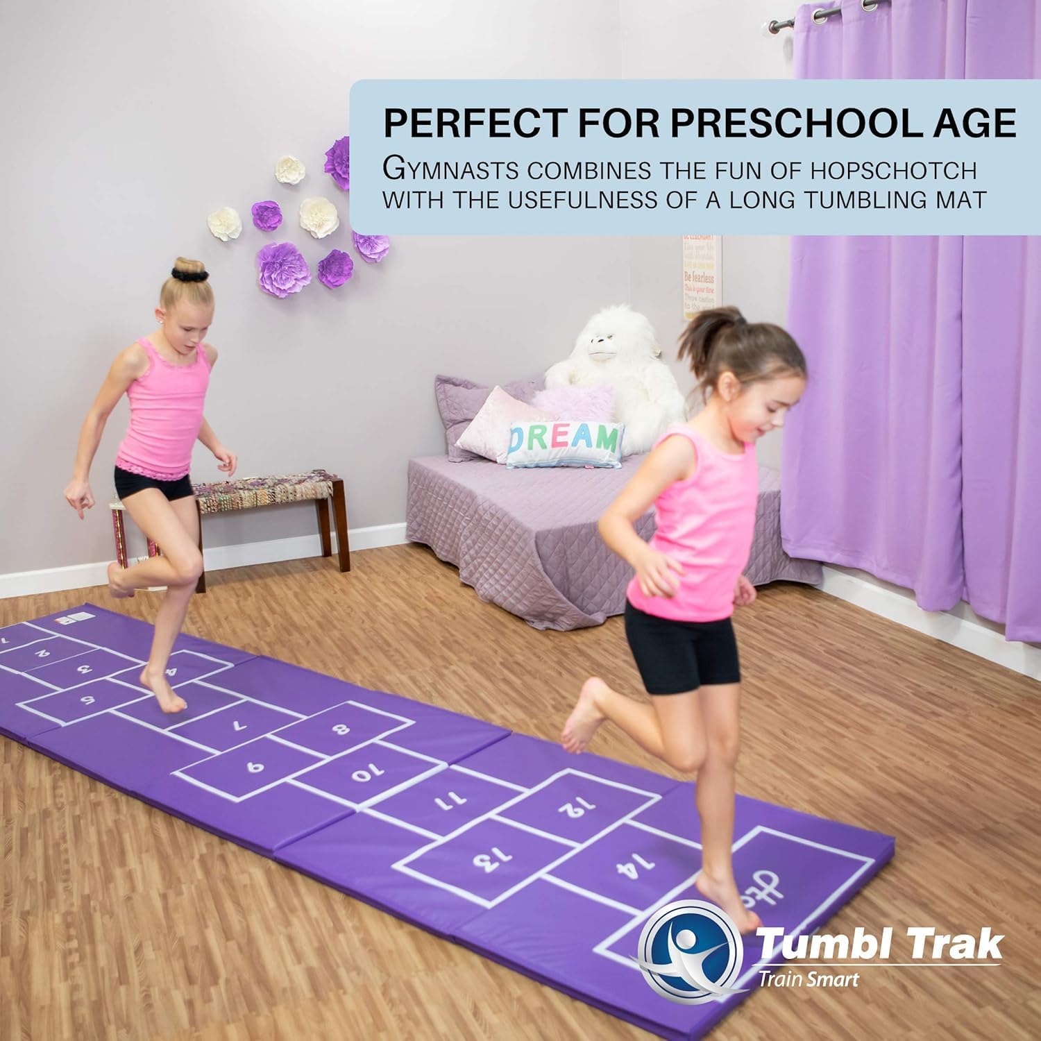 Tumbl Trak Gymnastics Balance Beam Mat, Numbered Line for Gymnast Beam Practice, Hopscotch Fun on Reverse, 3'x12'x1.38
