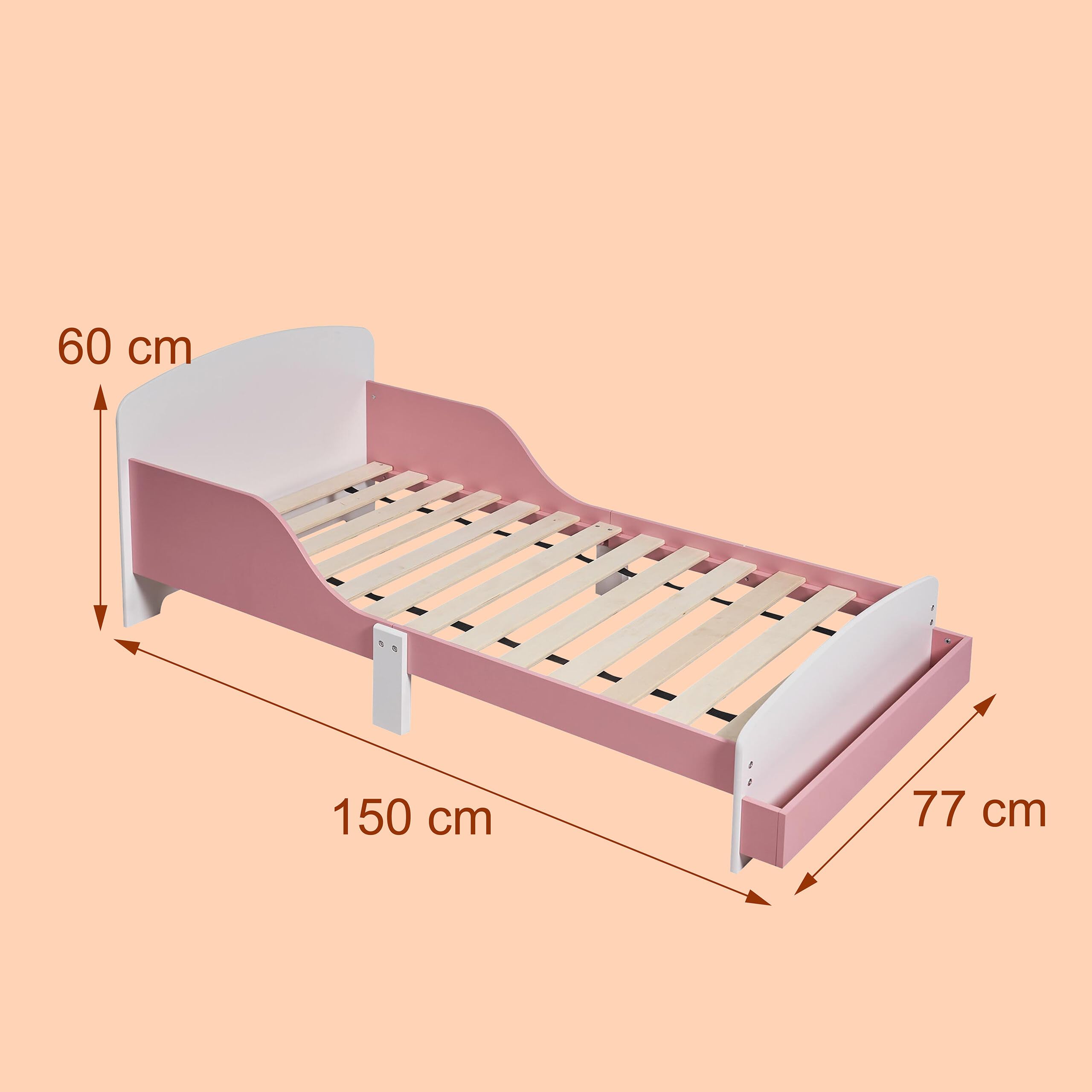 Relaxdays Lettino per Bambini 70x140 cm con sponde Anti-Caduta, Rete a doghe, ripiano, MDF, Rosa/Bianco