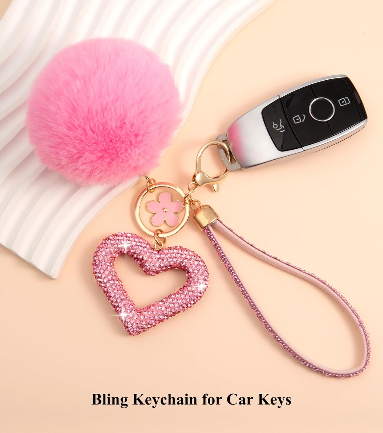 Cute Heart Keychains for Women, Bling Key chain Accessories Girly Wristlet Keychain for Car Keys, Backpack pom pom - Image 4
