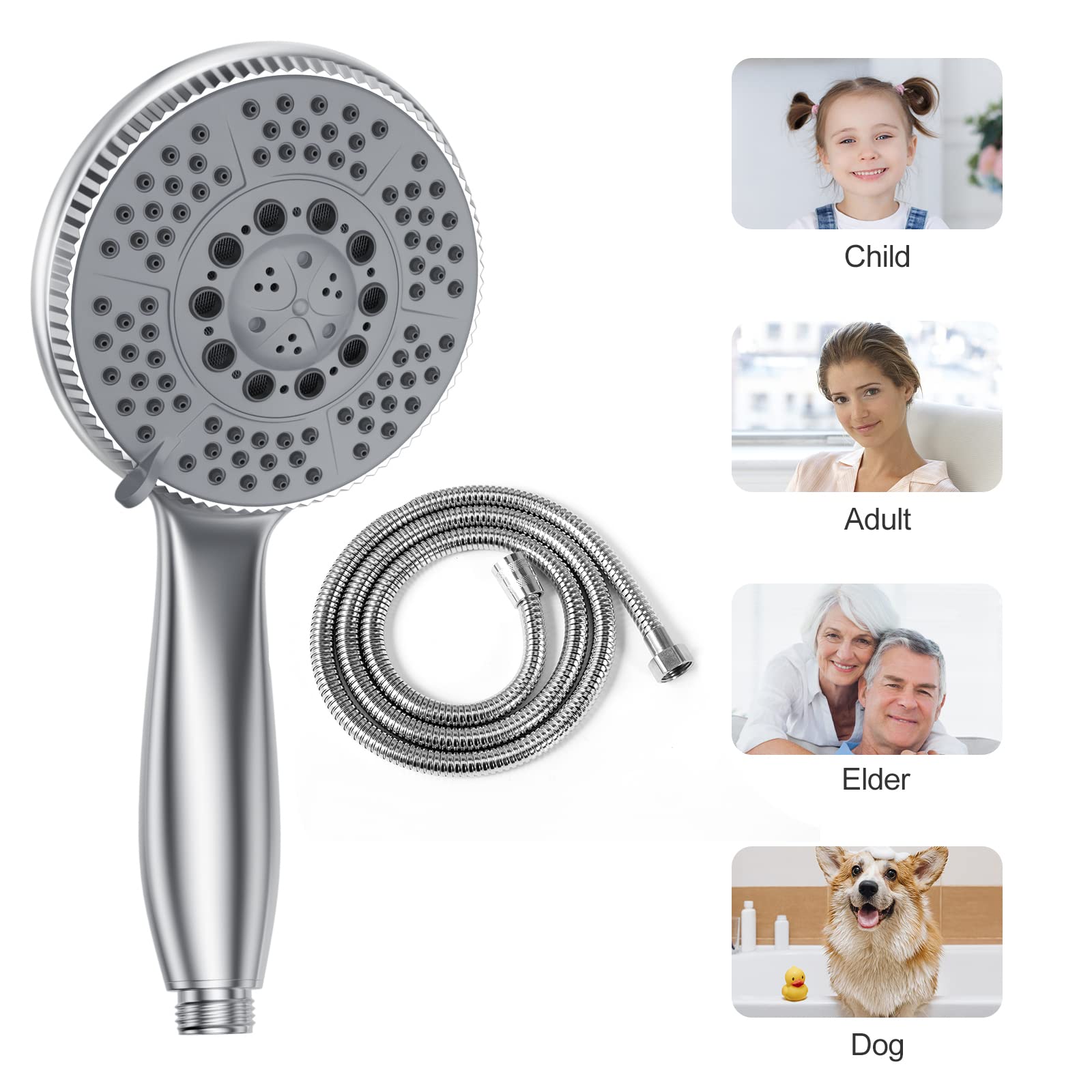 Vinabo Soffione Doccia + 1.5m Tubo Flessibile Acciaio, 5 Funzioni Getti, Multifunzionale ad Alta Pressione, ABS Cromato Spruzzo, Anticalcare, con Ugello