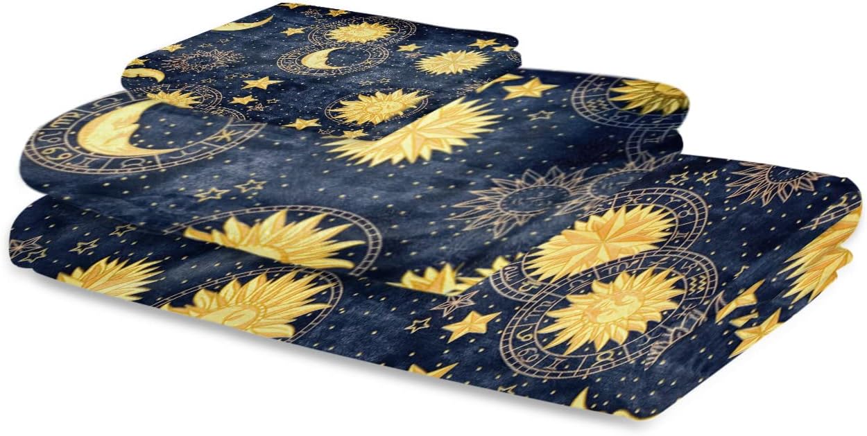 Bath Towel Sets,Night Vintage Moon Sun Star Bathroom Towels Soft Hand Towel Washcloth Cotton Towel Set,Absorbent Soft Bath Set for Hotel Beach Pool Yellow Celestial Fabric Midnight Towels