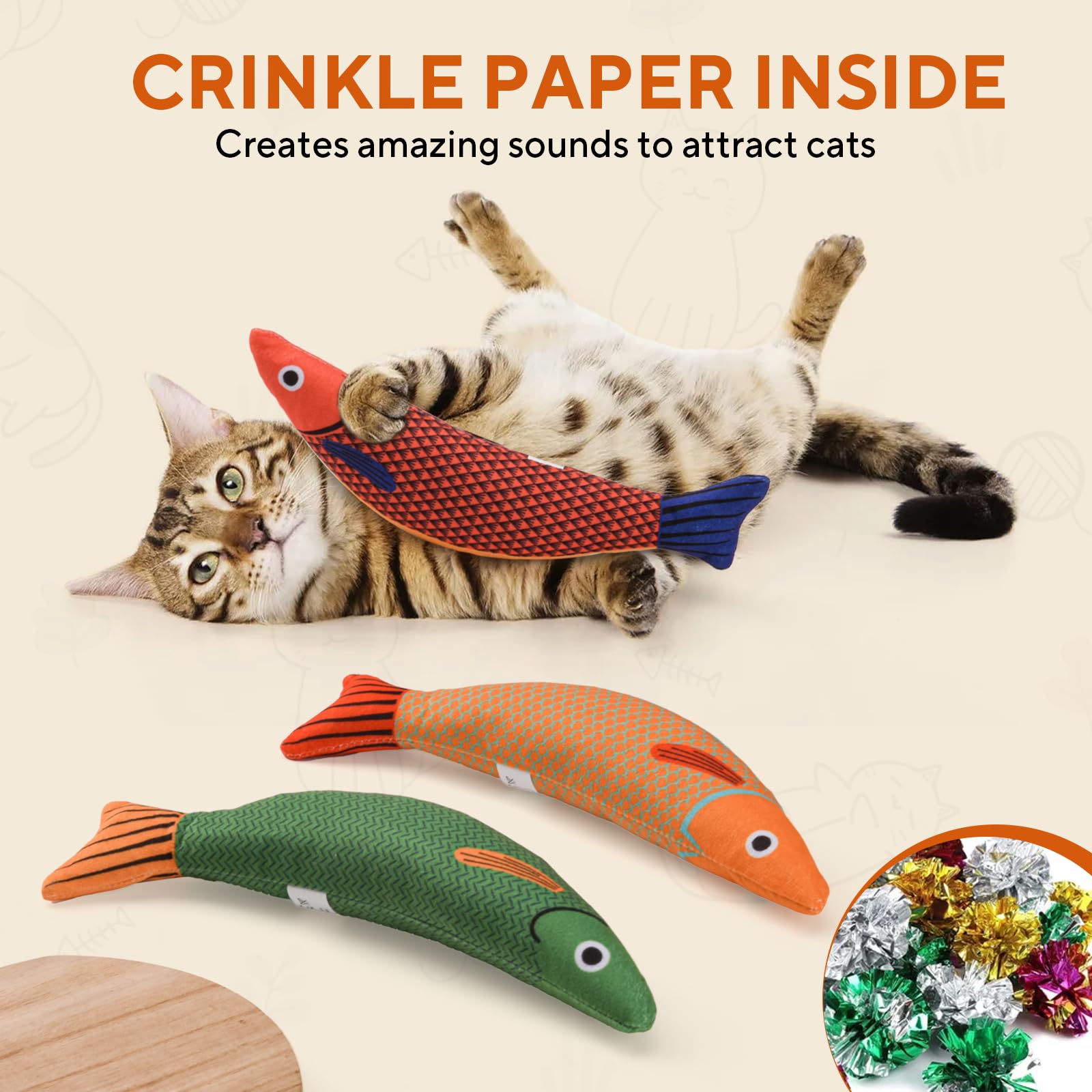AUSCAT Cat Catnip Toys, 3PCS Catnip Fish Toy for Cats, Cat Kicker Toys with Crinkle Sound, Interactive Plush Soft Cat Toys for Indoor Cats and Kittens 2