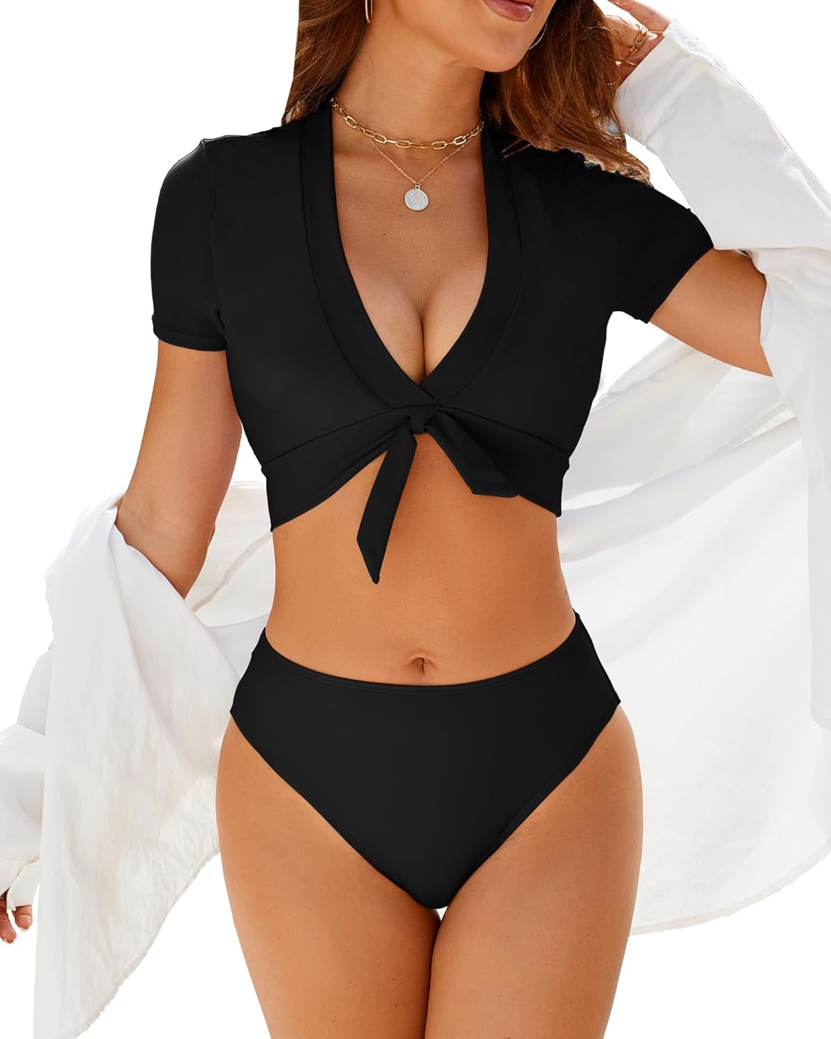 Jolefille Tankini Swimsuits for Women 2 Piece Tummy Control Bathing Suit High Waisted Bikini Sets Short Sleeves Full Coverage