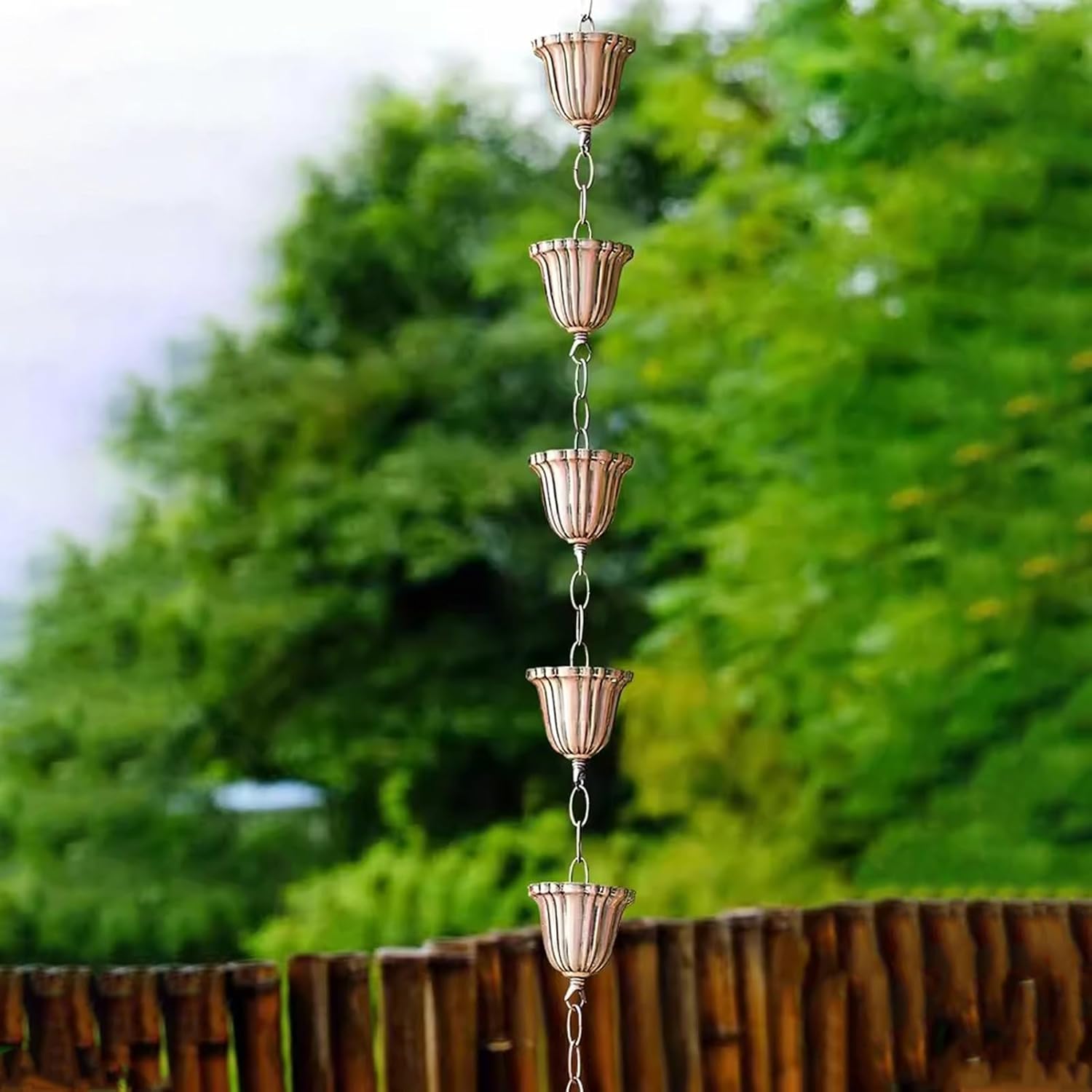 Metal Rain Gutter Chains with Pouring Cups, Japanese Drainage Rainwater Collector Wind Chime for Garden Decor, 260cm (8.5ft) Outdoor Courtyard Feature
