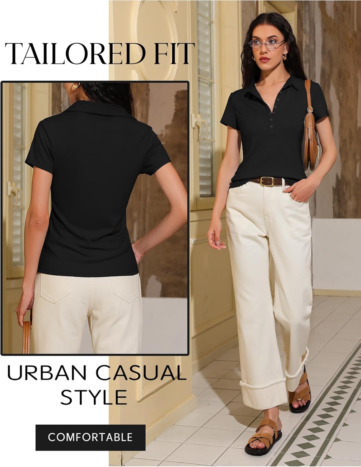 Prettywear Womens Short Sleeve V Neck Polo Shirts Dressy Casual Work Collared Button Summer Slim Fit Tops - Image 6