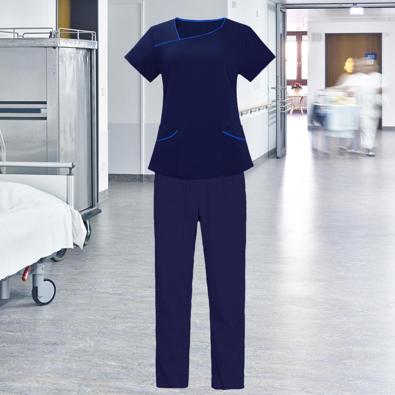 Conjunto de Uniforme Médico para, Ropa de Trabajo para Cuidadores de Mascotas, Ropa de Trabajo para El Sector Salud, Cómodo de Usar, Blusa, L azul oscuro
