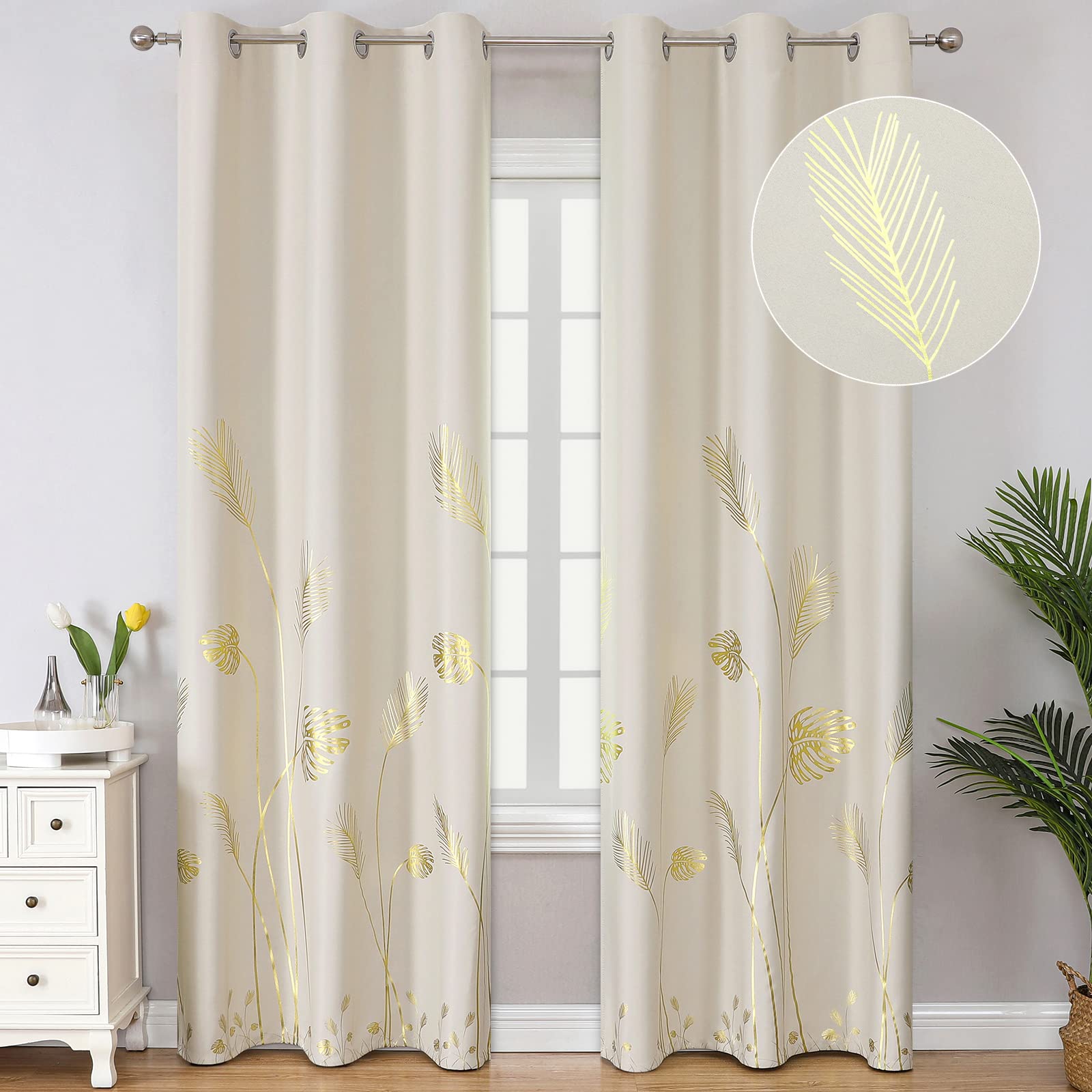 Estelar Textiler Gold Palm Leaf and Wheat Pattern Blackout Curtains for Living Room, Room Darkening Light Blocking Curtains, Thermal Insulated Window Drapes for Bedroom, 42Wx84L, Cream Beige, 2 Panels