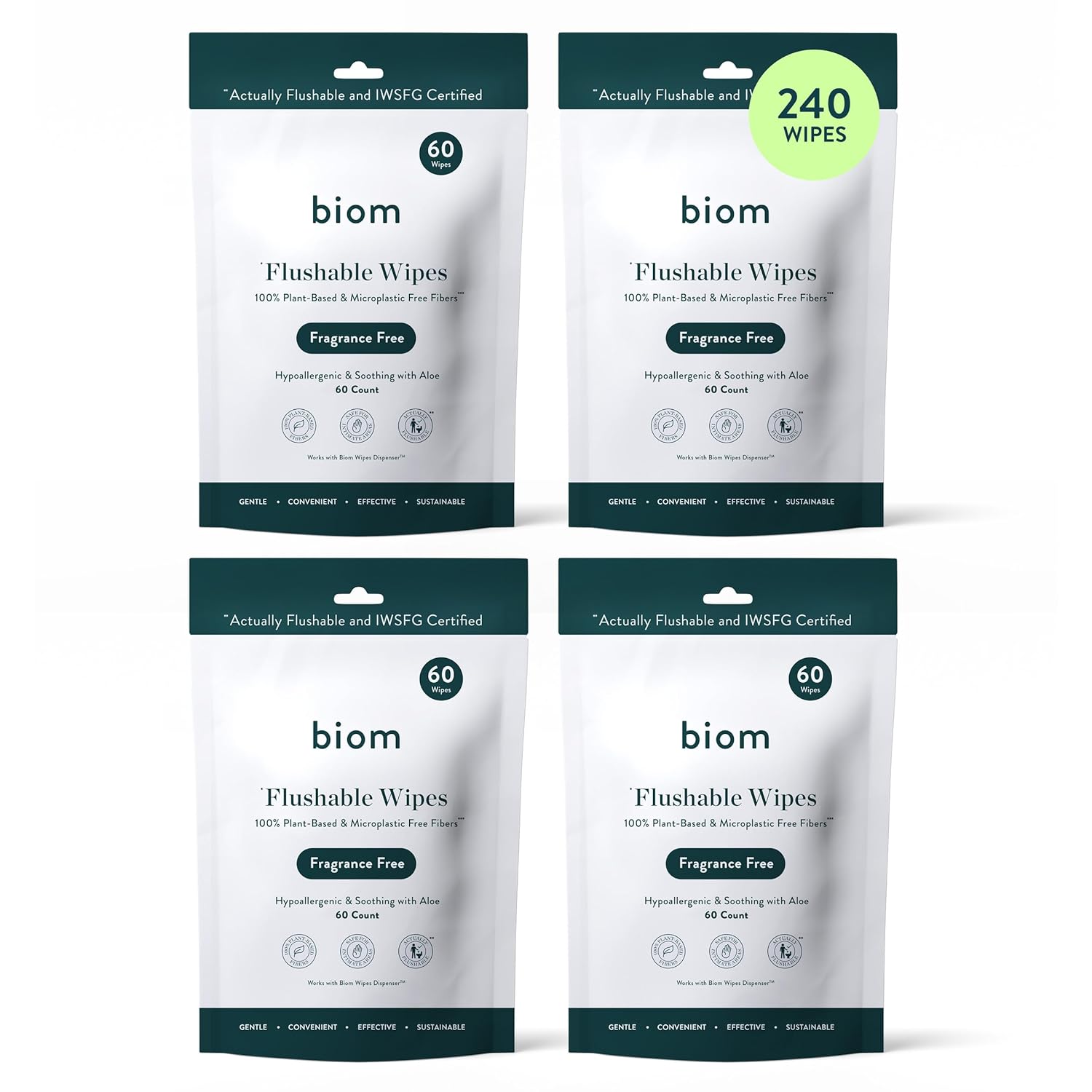 Biom Flushable Wipes Refill (4pk x 60ct Each- 240 Total Wipes) - Biodegradable, Plastic-Free Plant Fiber, Fragrance-Free and Gentle for Sensitive Skin, Aloe Infused - Hypoallergenic