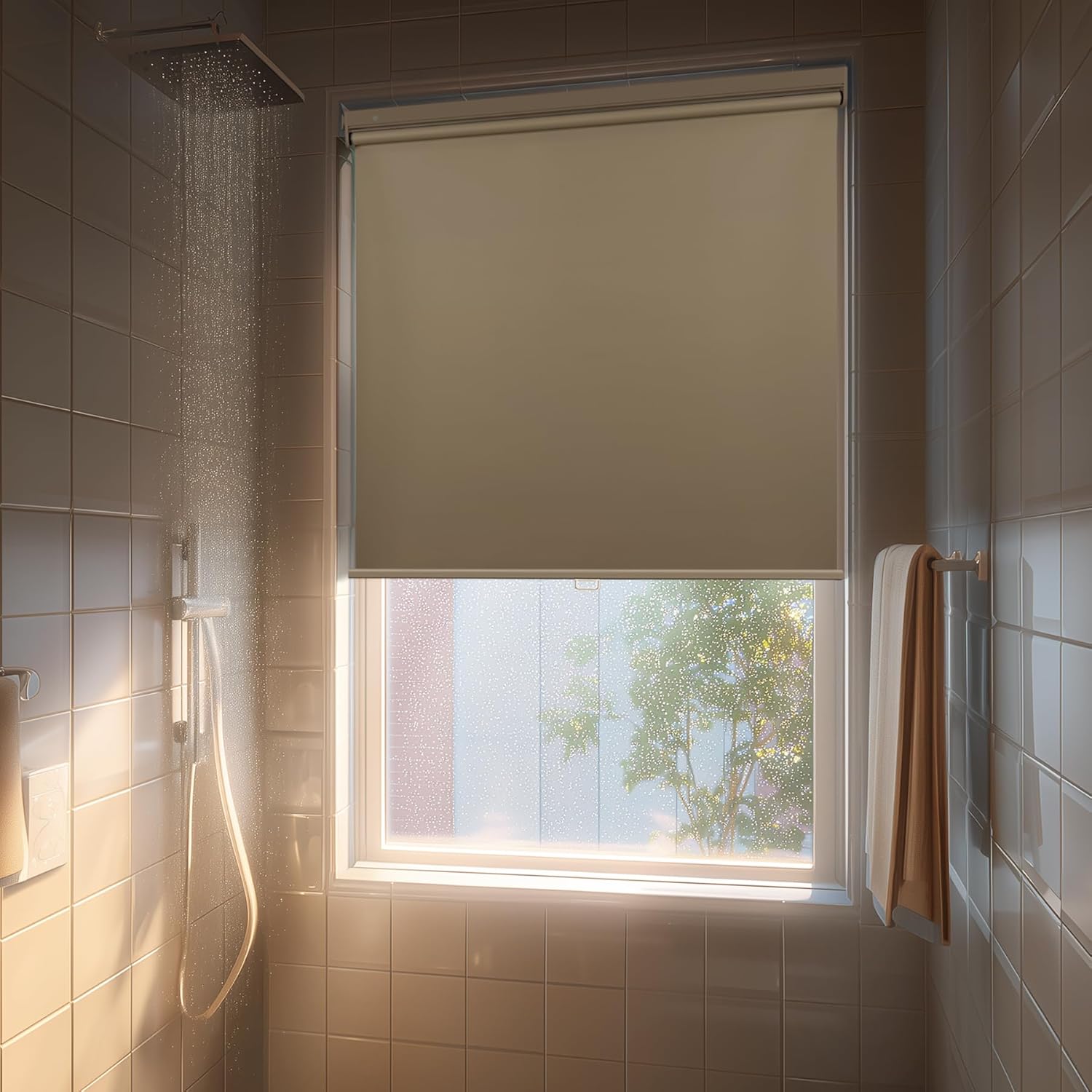 HESTIA No Drill Cordless Blackout Roller Shades Screwless Waterproof Shower Window Blinds, Auto-Retraction Easy Install Blind for Bathroom/Kitchen/Office/Exterior, Greige, 26" W x 54" H 26"W x 54"H Greige