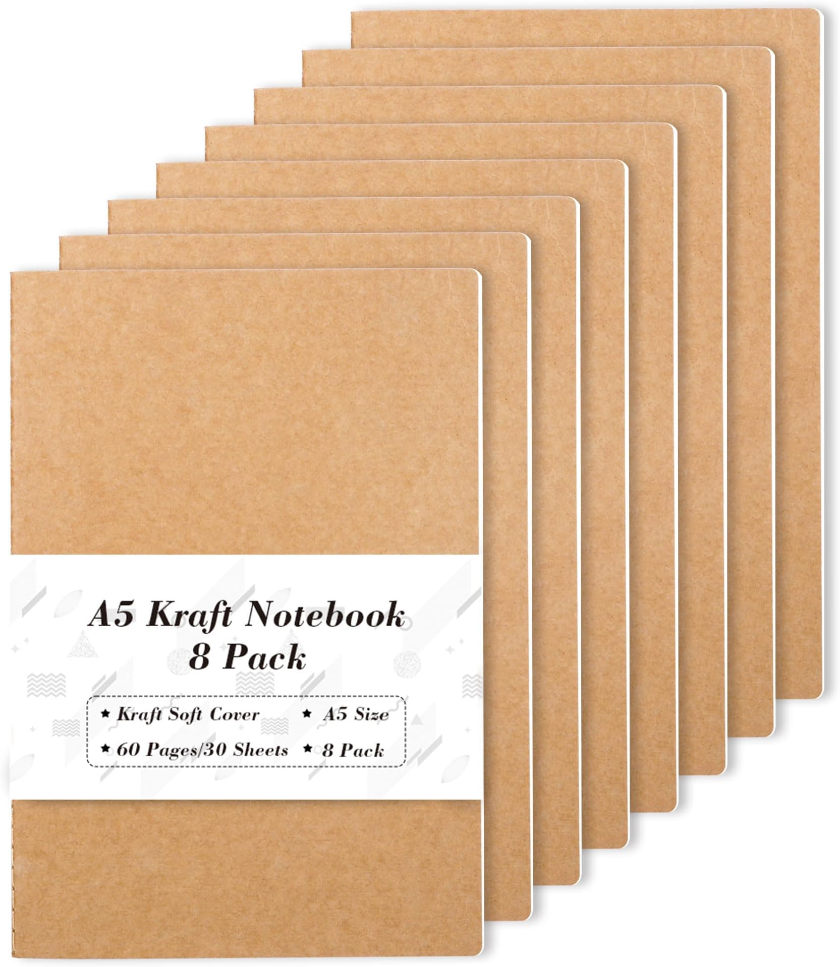 feela 8 Pack A5 Kraft Notebooks, 60 Lined Blank Pages Travel Journal Bulk, Soft Cover Notebooks for Women Girls Students, Making Plans Writing Memos Office School Supplies, 8.3 X 5.5 in