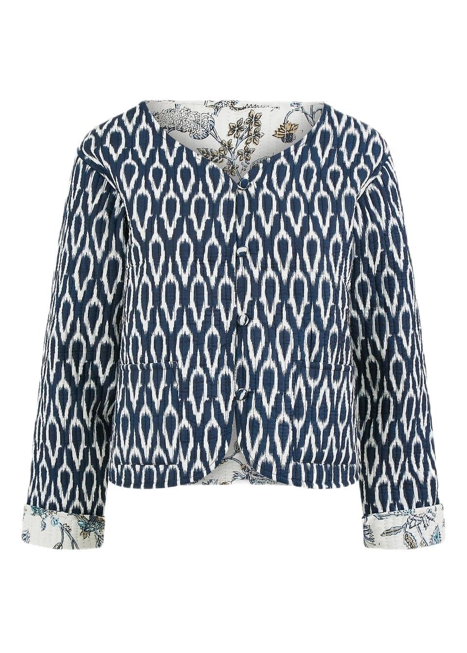 Yumi Women's Navy Ikat Reversible Cotton Quilted Jacket | Size: 16