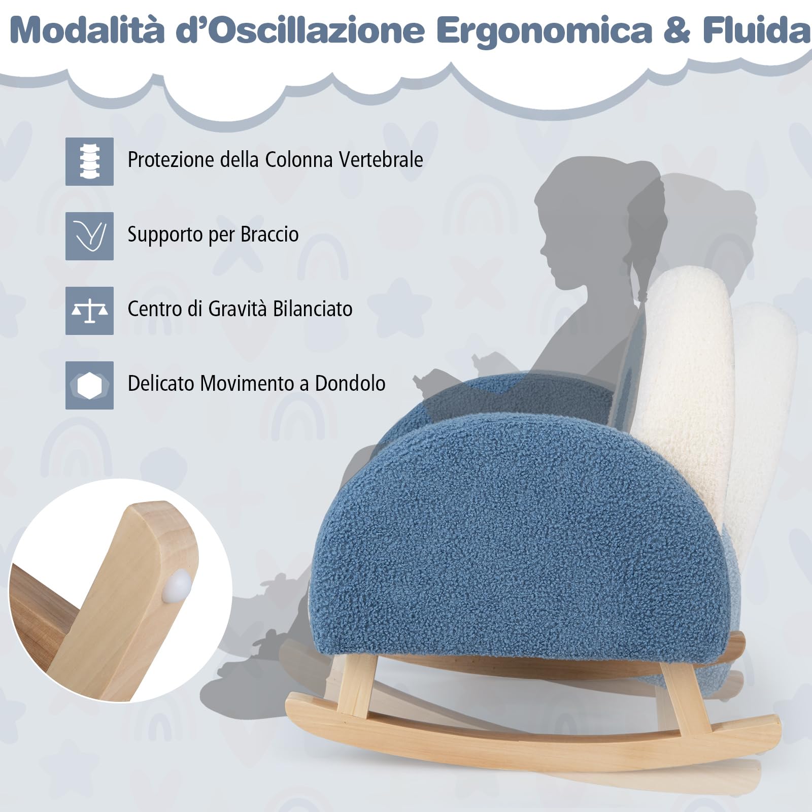 GYMAX Poltrona per Bambini a Dondolo in Teddy Velluto con Gamba in Legno Massello, Poltrona Imbottita a Dondolo per Bambini Carini per Asilo Nido e Sala Giochi, Età 3-5 Anni (blu)