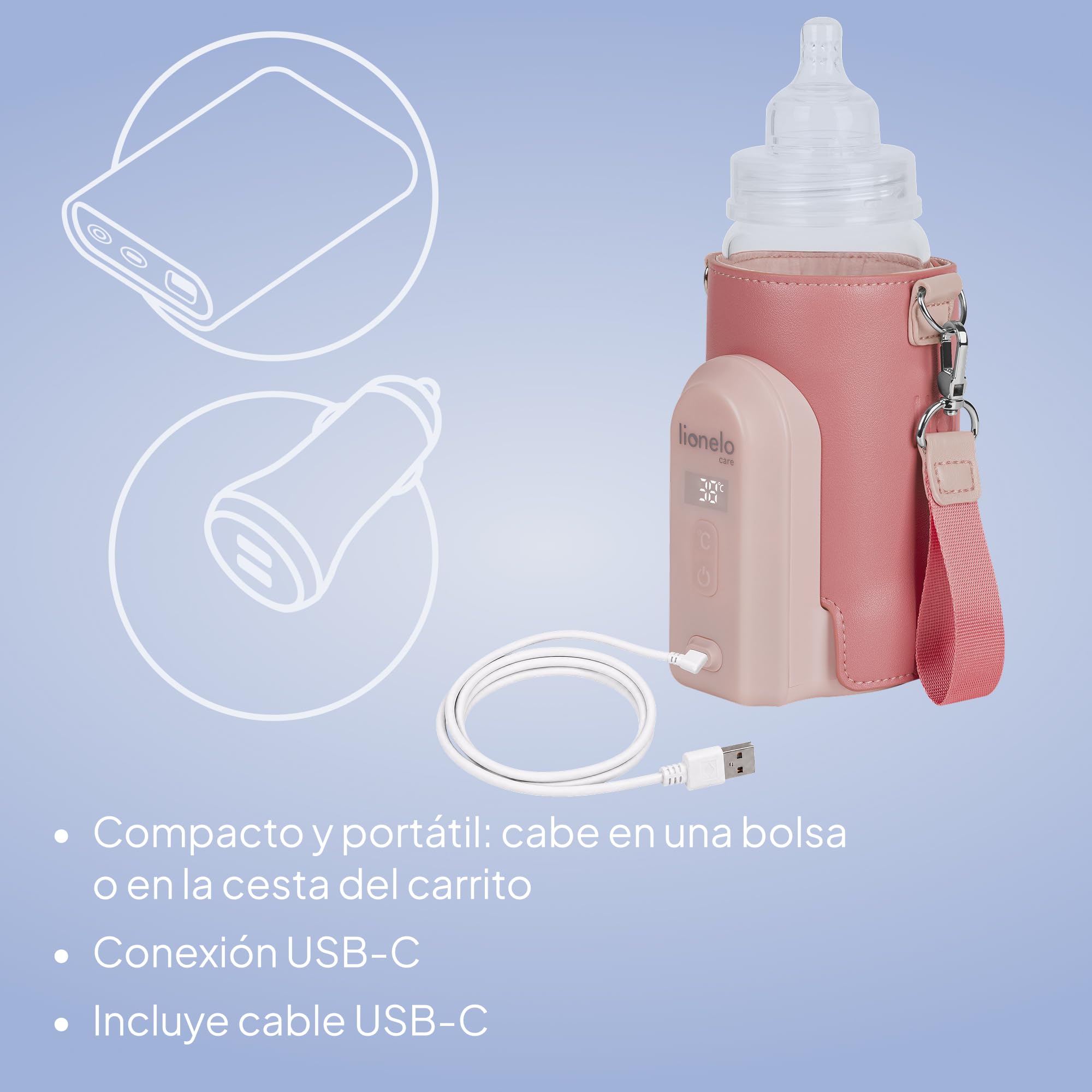 LIONELO Thermup Go Evo Calientabiberones Portátil Para Bebé, Mantiene los Líquidos Calientes, 5 Temperaturas de Funcionamiento de 38 a 50 oC, hasta 9 horas de Funcionamiento Pantalla LCD (Pink) | Rango de 38 a 50 °C, pantalla LCD y hasta 9 horas de funcio