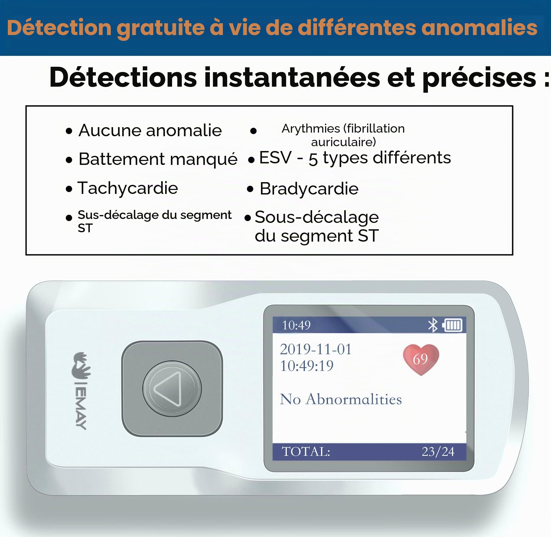 EMAY Bluetooth Moniteur ECG Portable (for iPhone & Android, Mac & Windows), Moniteur ECG Personnel sans Fil, Mobile Electrocardiographe, Mesure la fréquence Cardiaque, ECG et Les symptômes (EMG-20)