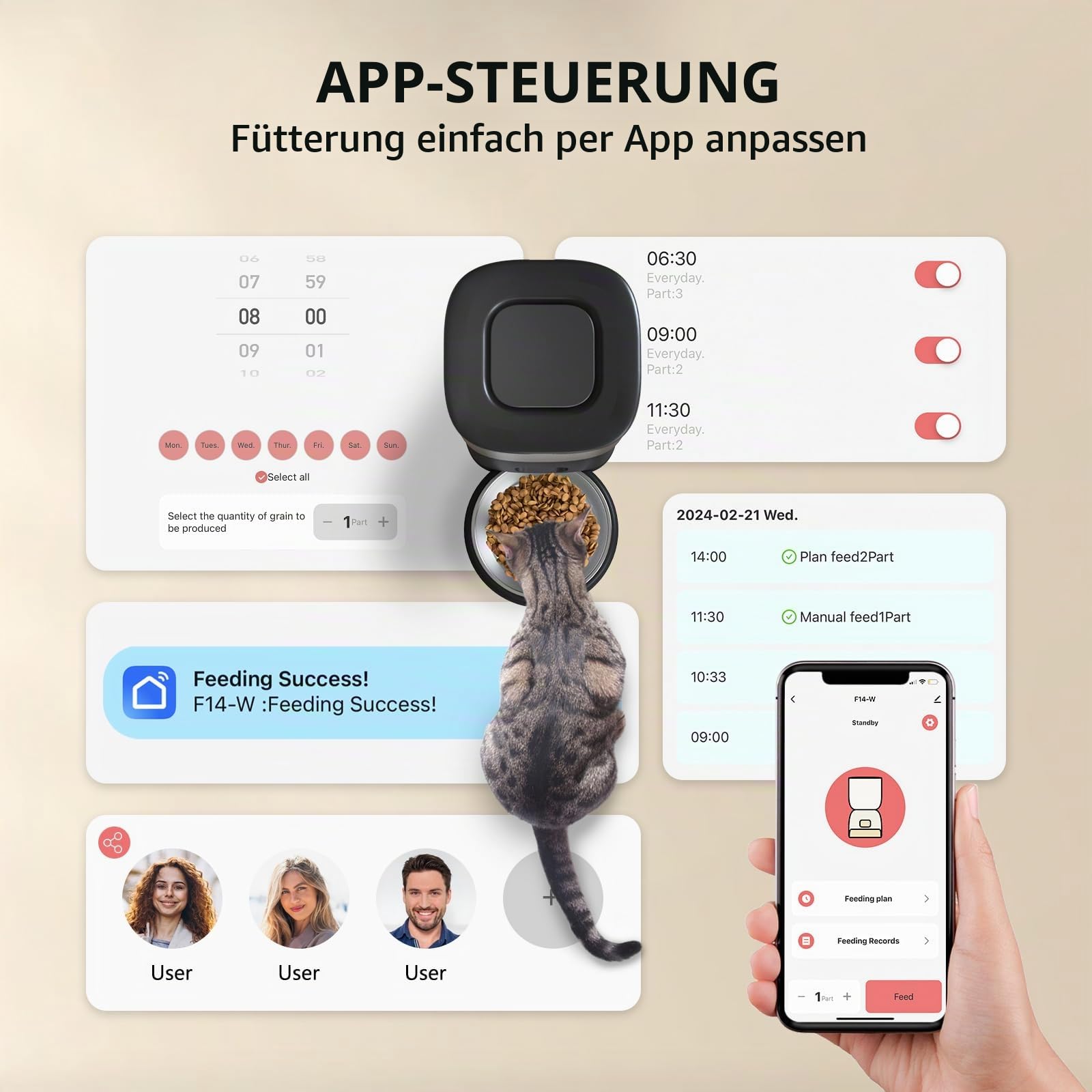 PUPPY KITTY Futterautomat Katze, 2,4G WiFi App-Steuerung Automatischer Futterspender Katze mit Edelstahlschüssel, Leicht zu Reinigen, 10S Aufnahmefunktion, 1-10 Mahlzeiten pro Tag