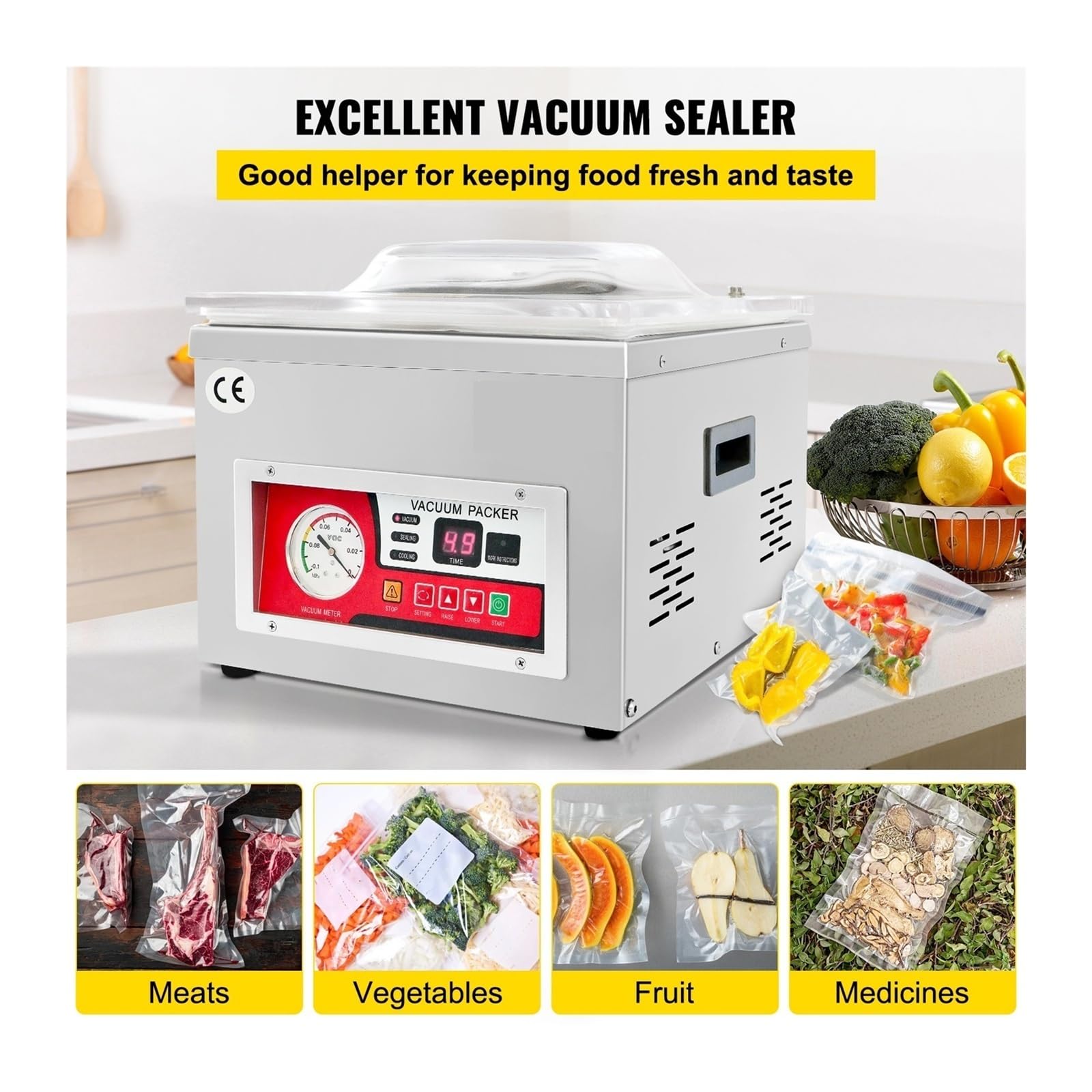 Selladora al vacío, máquina de envasado al vacío de alimentos, máquina de sellado de cámara comercial, envasadora de bolsas de carne de cocina, ahorradora de alimentos