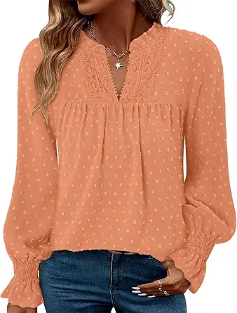 BETTE BOUTIK Women Boho Long Sleeve Shirts Dressy Casual V Neck Fall Fashion Tops Swiss Dot Flowy Blouses