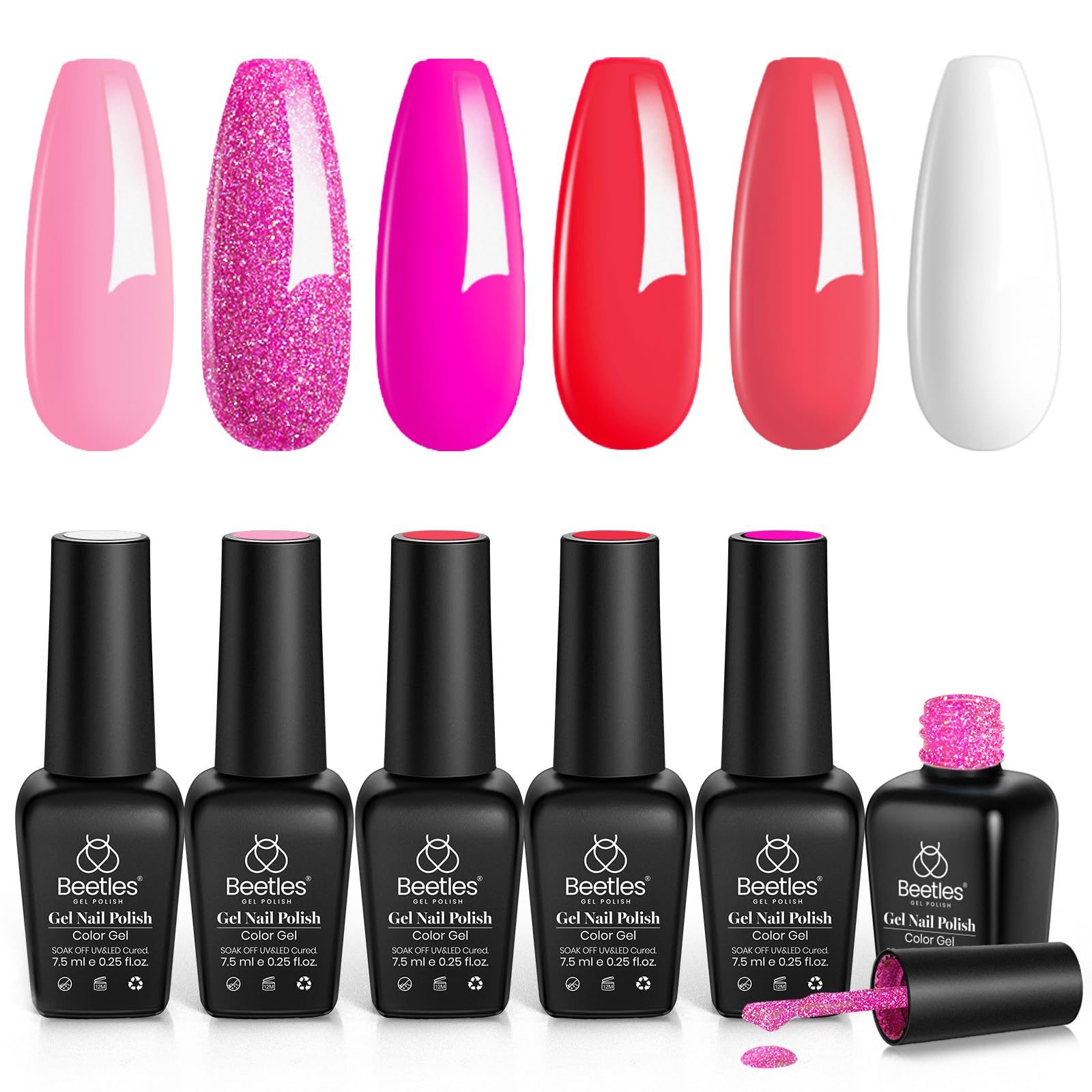 Beetles Hot Pink Gel Polish Set - 6 Colors Pink Gel Nail Polish Rose Red Nails Kit Nail Polish Collection Pink Glitter Gifts for Women Soak Off Uv