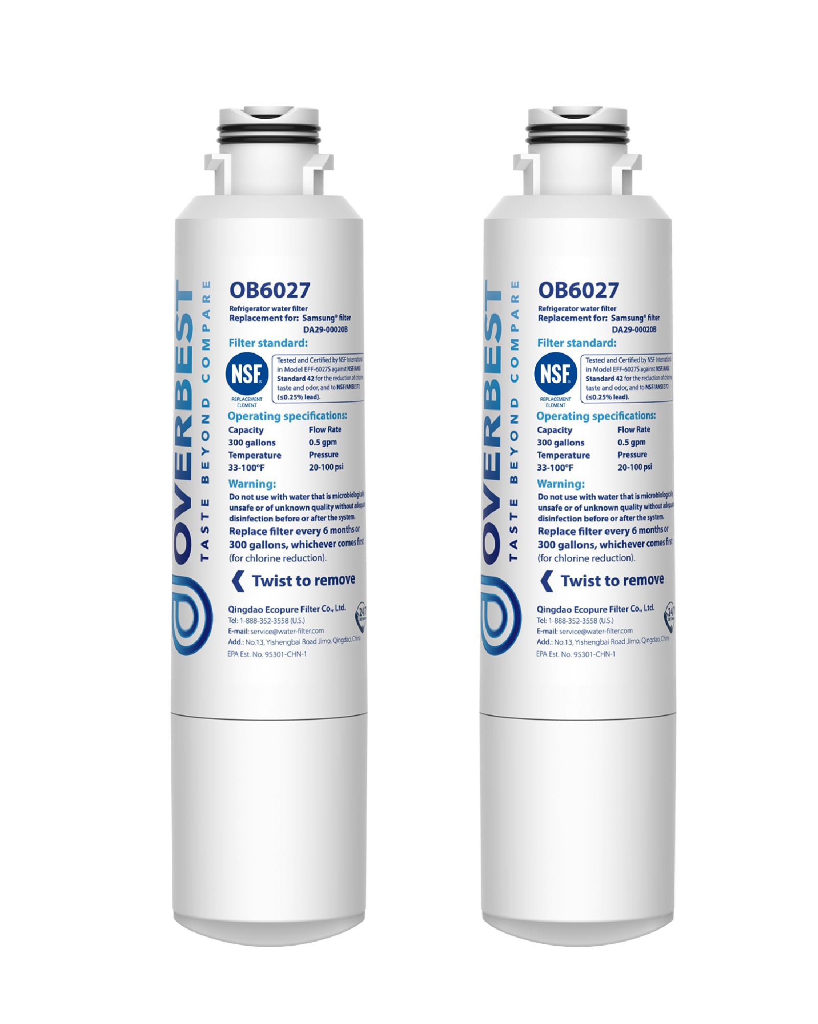 Overbest DA29-00020B Refrigerator Water Filter Replacement for Samsung DA29-00020B HAF-CIN EXP 46-9101 RF4267HARS 2 Filters