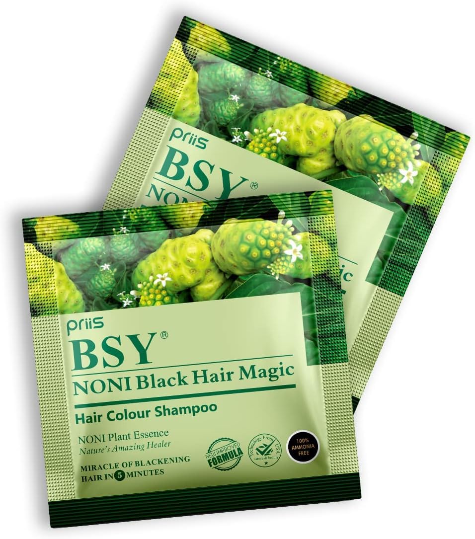 BSY Noni Black Hair Magic Hair Color Shampoo (12Ml X 5 Sachets) | Ammonia-Free, Permanent Black Hair Dye Shampoo For Women & Men | 5-Minute Hair Colour
