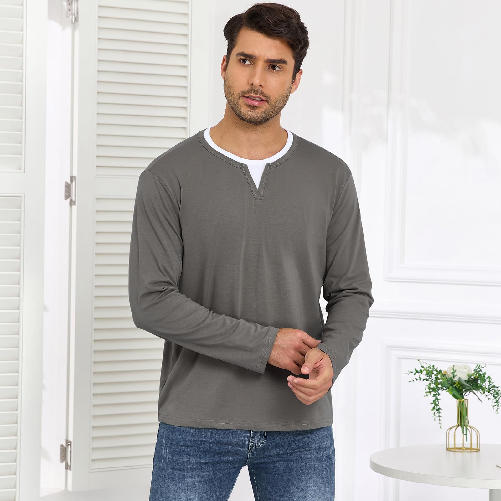 HOTIAN Herren Langarmshirts mit V-Ausschnitt Basic Pullover Henley Shirt Oberteile Freizeit Sweatshirt T-Shirt für Männer