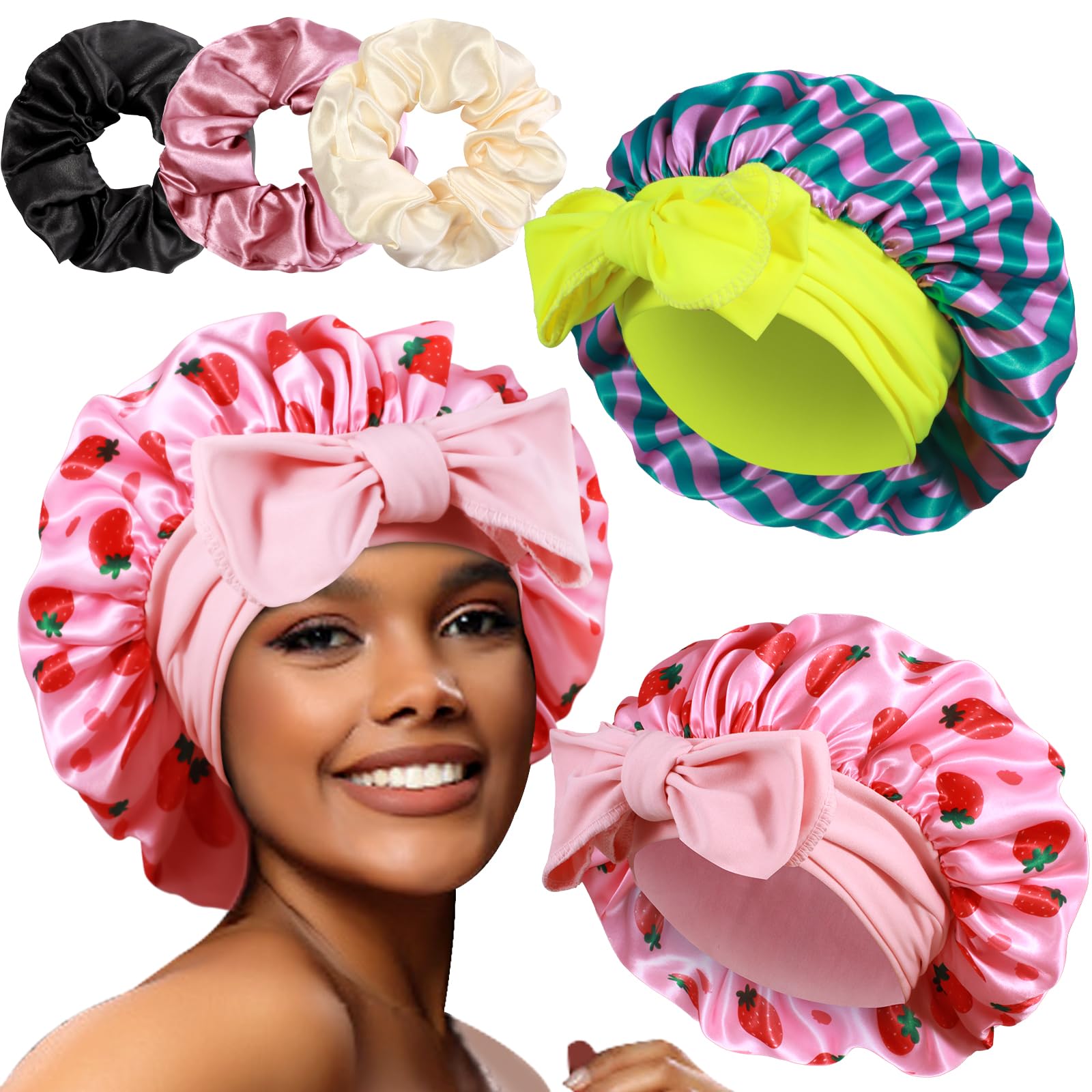 2+3 Large Satin Bonnets with Scrunchies for Women, Hair Bonnet Sleeping Tie Bonnet for Braids Curly Hair