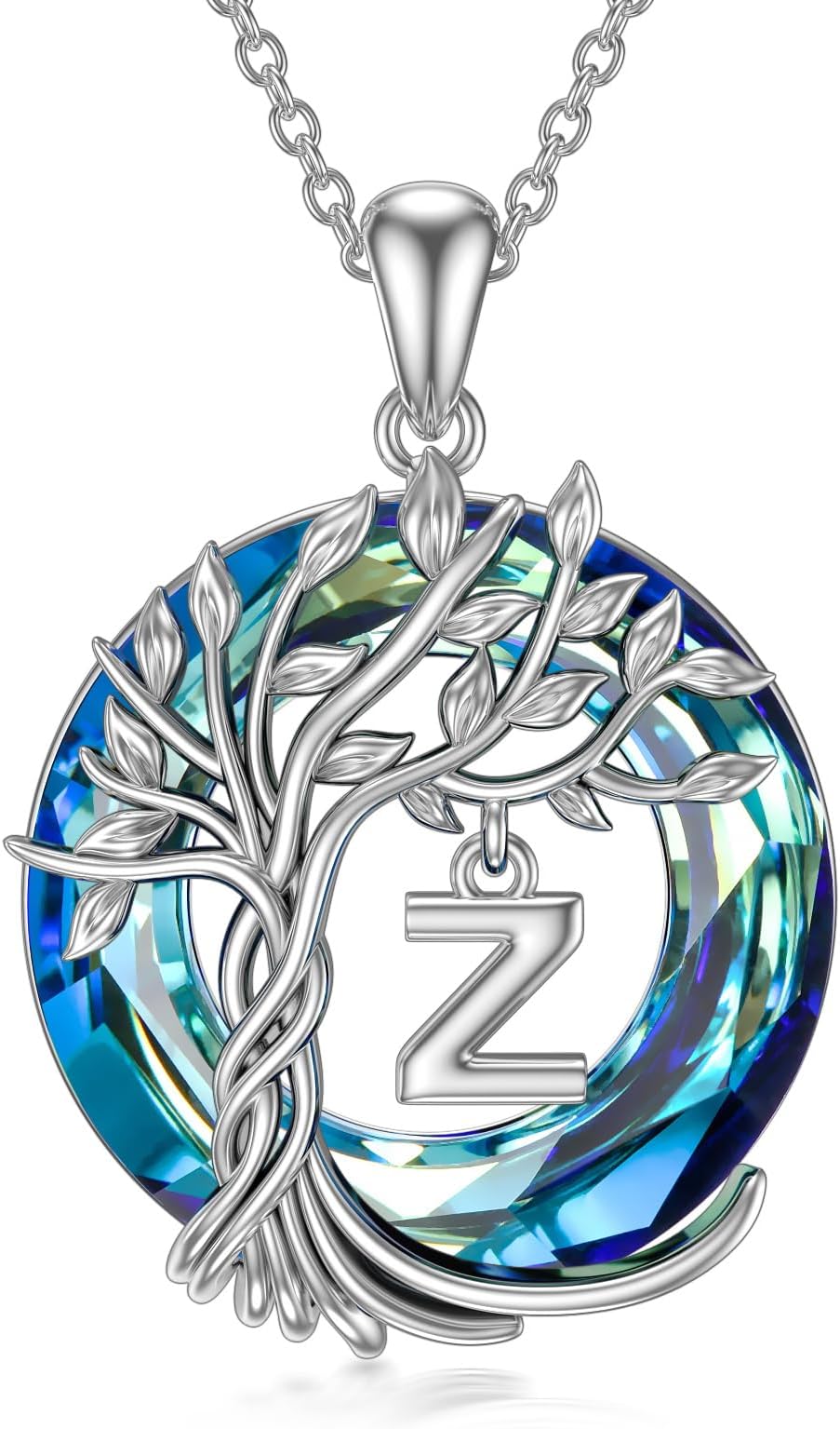 TOUPOP Tree of Life Initial Necklace for Women, 925 Sterling Silver Letter A to Z Initial Pendant Necklaces with Blue Circle Crystal for Women Girls Daughter Wife Anniversary Birthday Jewellry Gifts
