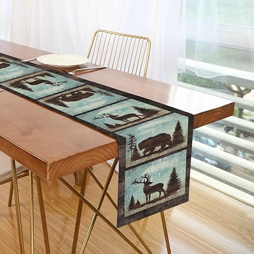 Miniatura 5 de Camino de mesa vintage de oso y ciervos de 13 x 70 pulgadas, estilo retro de animales del bosque occidental, estilo de vida silvestre, alce, alce,