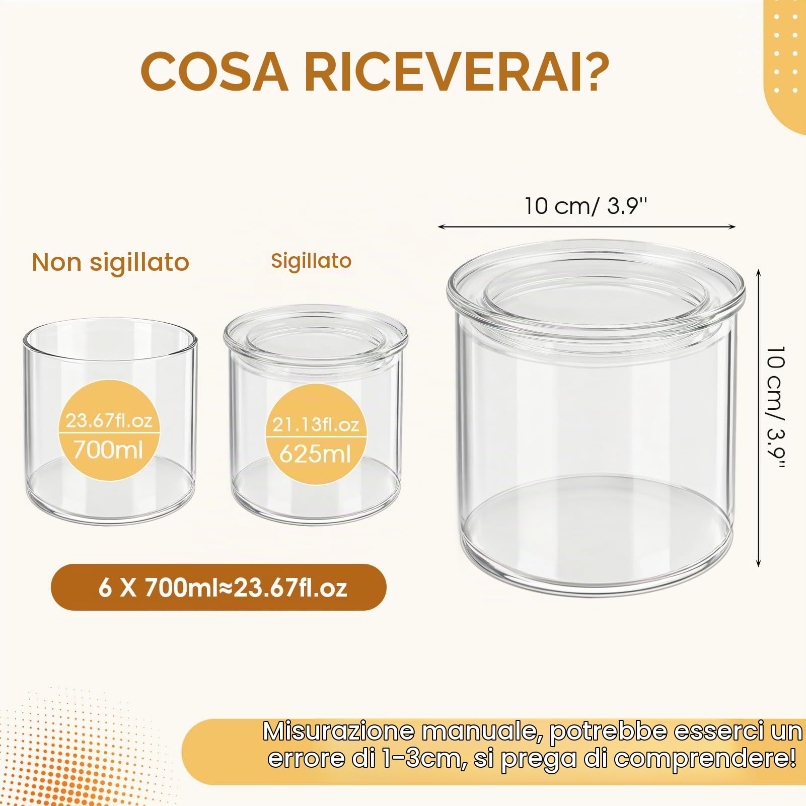 FoiiLiio Barattoli Vetro con Coperchio 700ml Set di 6 Barattolo Vetro con Coperchio in Trasparente- Φ10x10cm Barattoli Cucina Vetro Ermetici, Contenitori Vetro per Spezie, Noci, Cereali