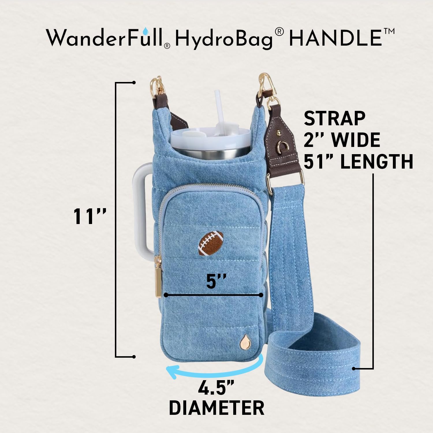 WanderFull Original HydroBag HANDLE® Zipper Slot for Handle, Hands-Free Crossbody Water Bottle Holder & Tumbler Accessories