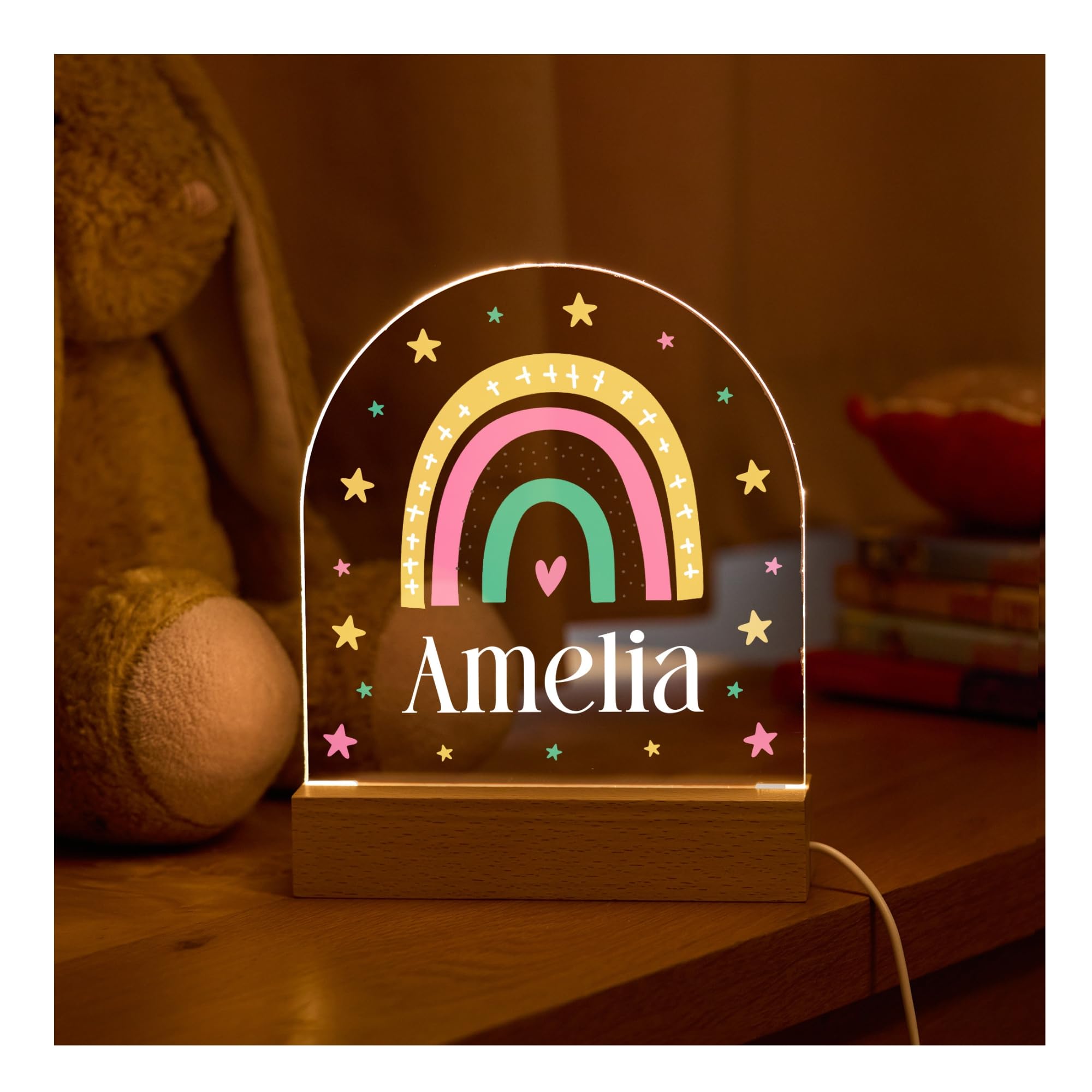 Pomchick Personalised LED Night Light Birthday Christmas Christening Baptism Baby Shower Rainbow Lamp for Kids Baby Nursery Bedroom Nightlight