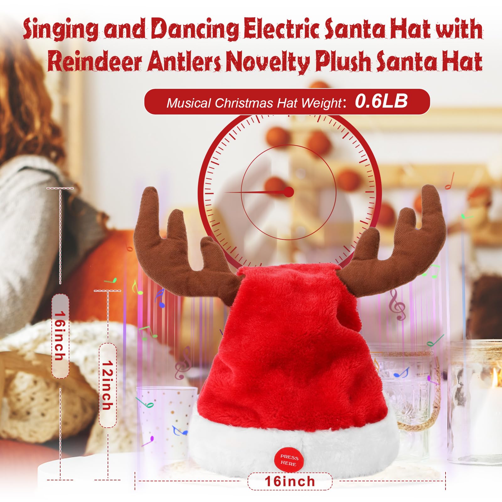 SdeNow Interactive Dancing Musical Santa Hats with Swinging Reindeer Antlers, Funny Electric Singing Christmas Hat for Party Decor Adults and Kids