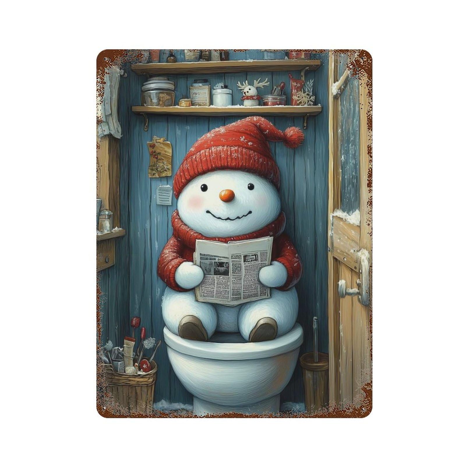 Garage Style Snowman on The Toilet Aged Metal Wall Plaque 15.7"x11.8", Farmhouse Wall Decor for Bar And Workshop