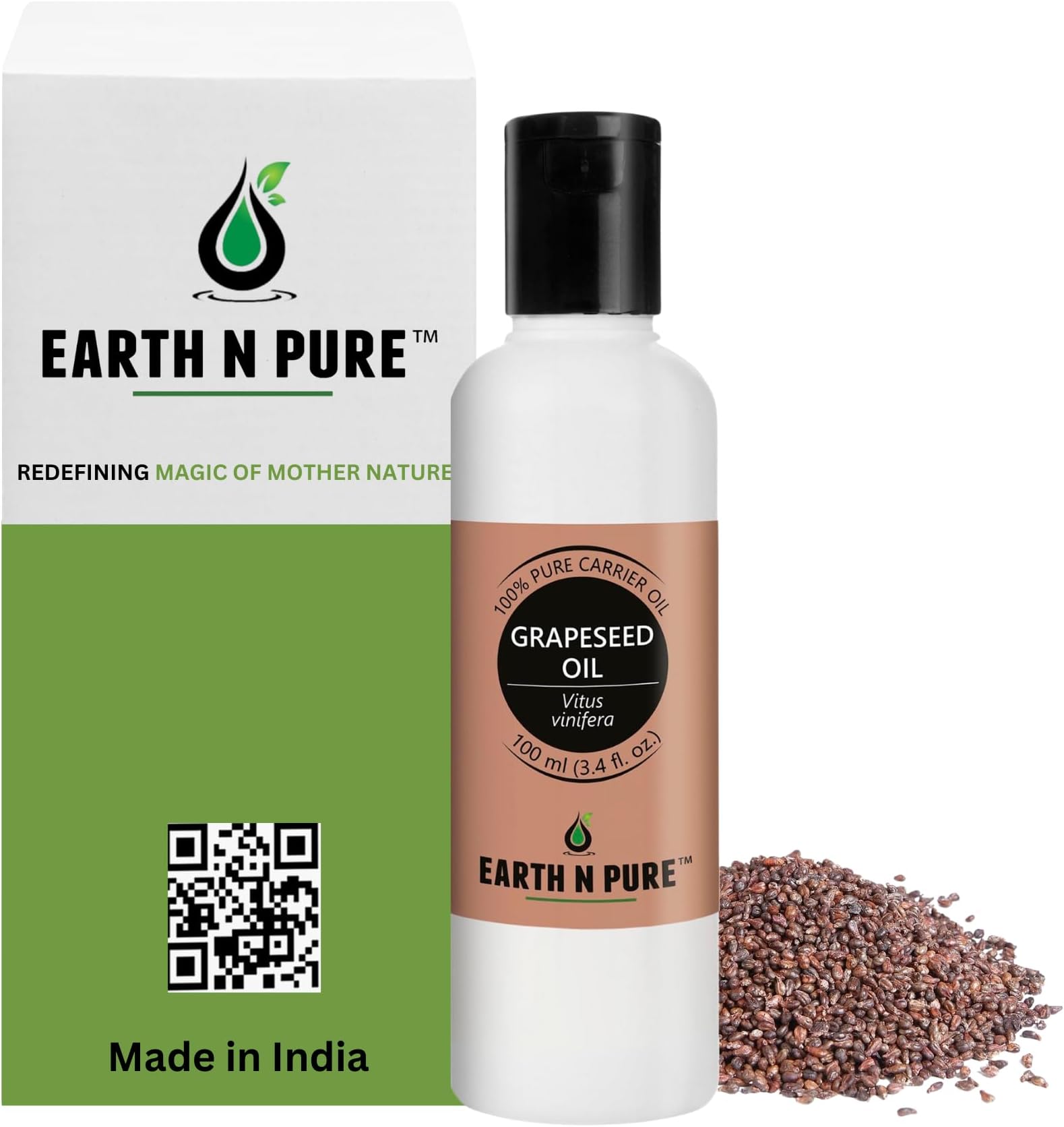 Earth N Pure Grapeseed Oil for Skin & Hair 100ml โ 100% Pure Cold Pressed Grapeseed Oil for Face, Hair Growth & Massage | Lightweight Carrier Oil for Oily Skin & DIY