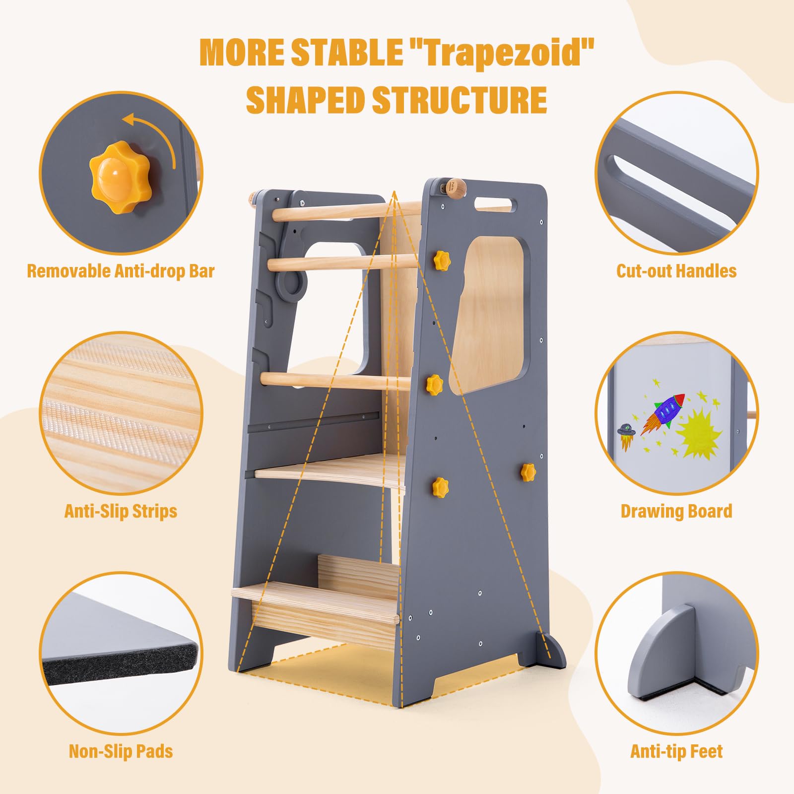 Torre de pie para niños, taburete de cocina para niños pequeños con pizarra blanca, torre de aprendizaje para niños de altura ajustable con protección antideslizante, taburete para niños con