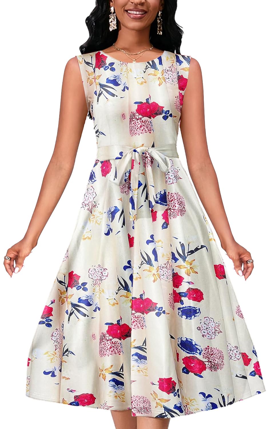 PerZeal Women's Casual Floral Printed Sleeveless Dress for Women Round Neck Flowy Party Midi Dresses
