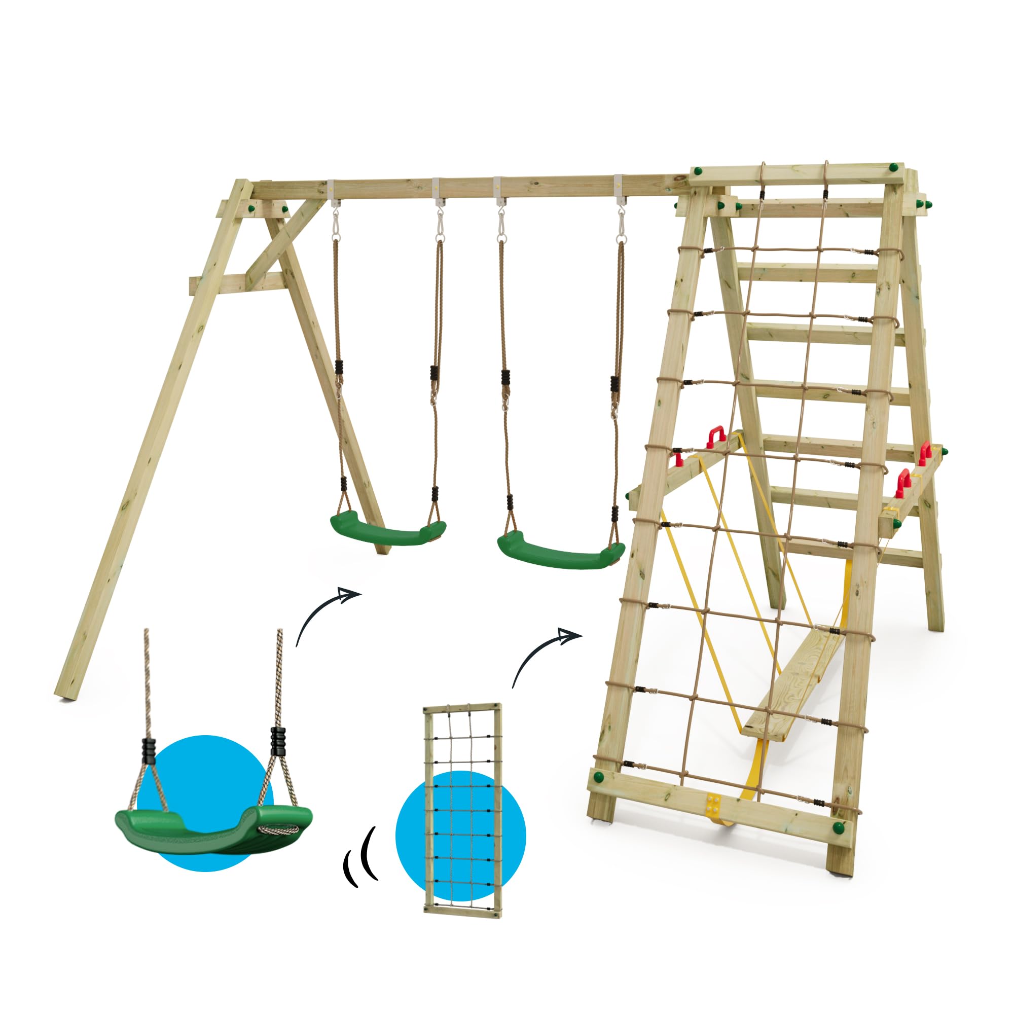 Altalena WICKEY Smart Hike gioco per bambini di colore verde con SurfSwing, altalena doppia in legno da esterno o da giardino con modulo ampliato per arrampicate