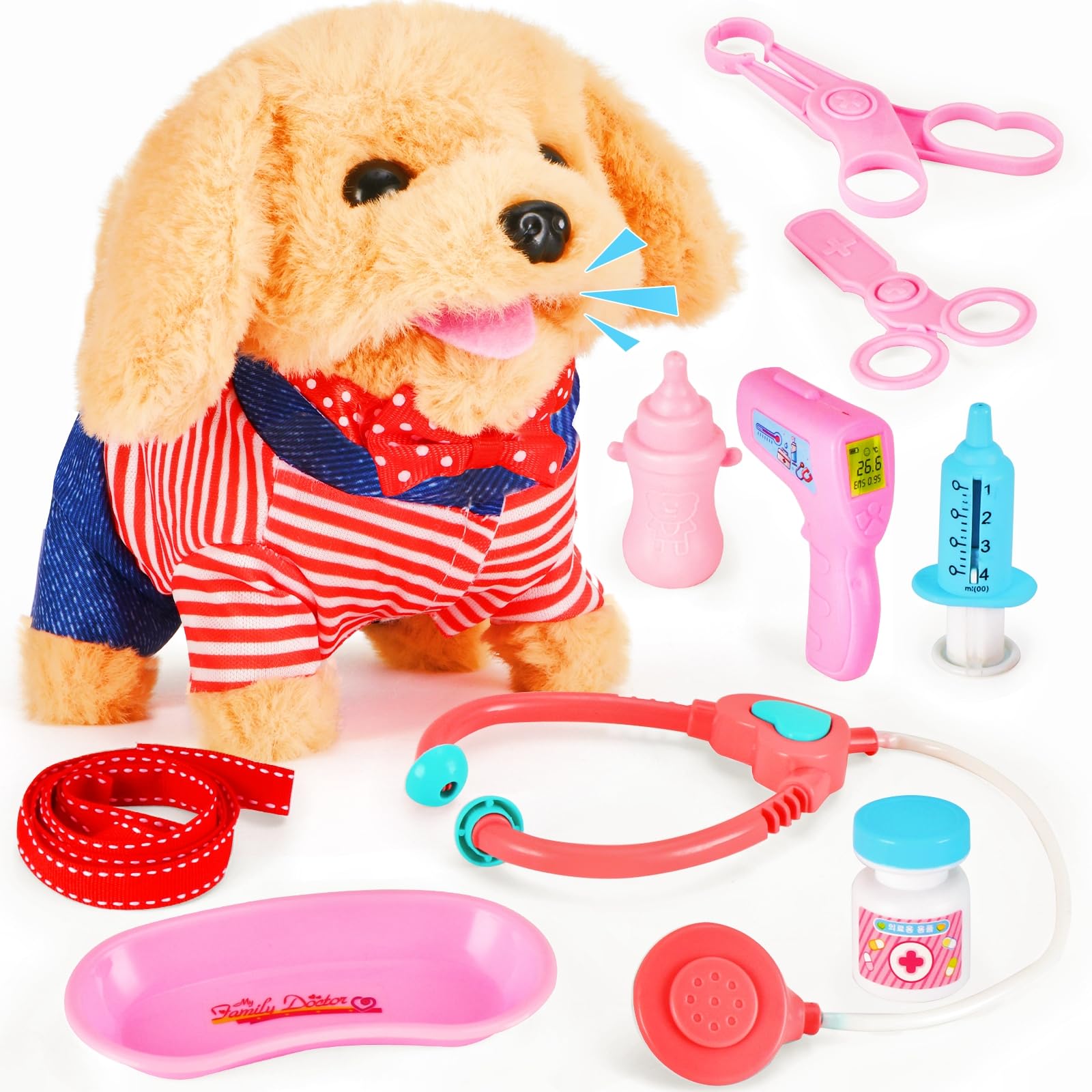Toddler Toy 10 Pcs Interactive Retriever Robot Dog Toy - Walking & Stuffed Puppy with Stethoscope for Vet Role Play, Educational Toddler Gifts for 3 Year Old Girl