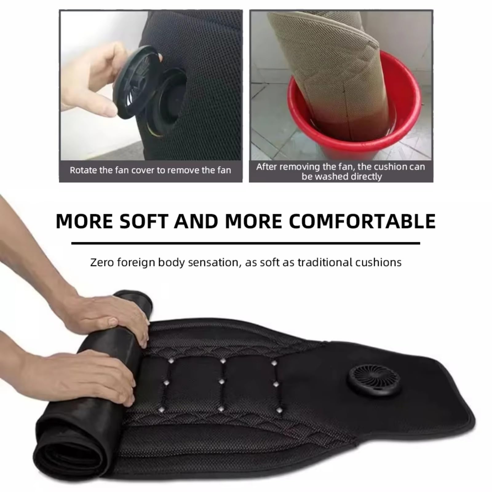 Cojín Universal Asiento Coche Funda Asiento Aire Fresco Verano con Carga USB 12V/24V Transpirable Ventilador Ajuste 3 Velocidas Funda Asiento(Black with Fan)