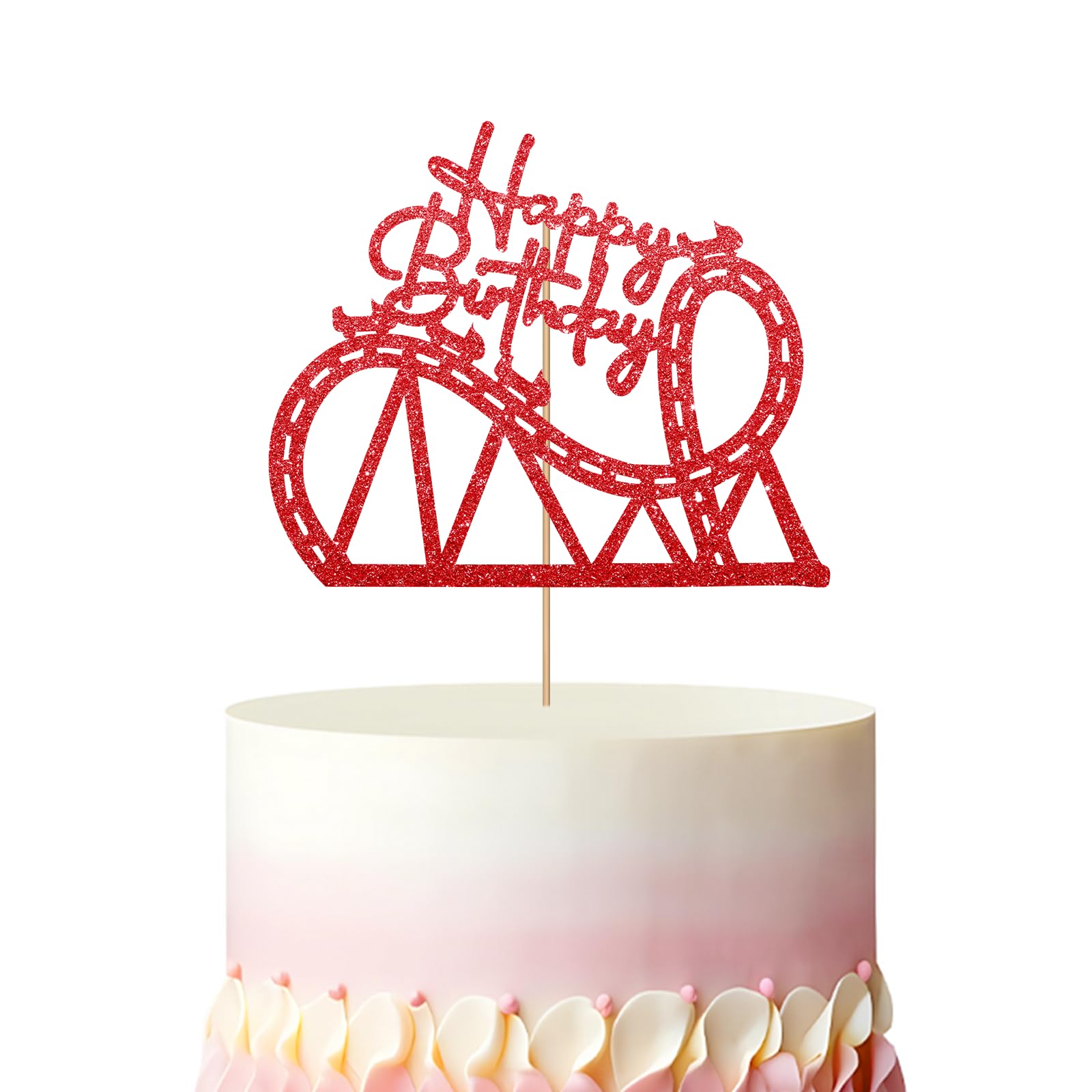 Roller Coaster Happy Birthday Cake Topper, Circus Birthday Cake Decor, Red Glitter Amusement Park Cake Topper for Kids, Carnival Themed Party Decoration
