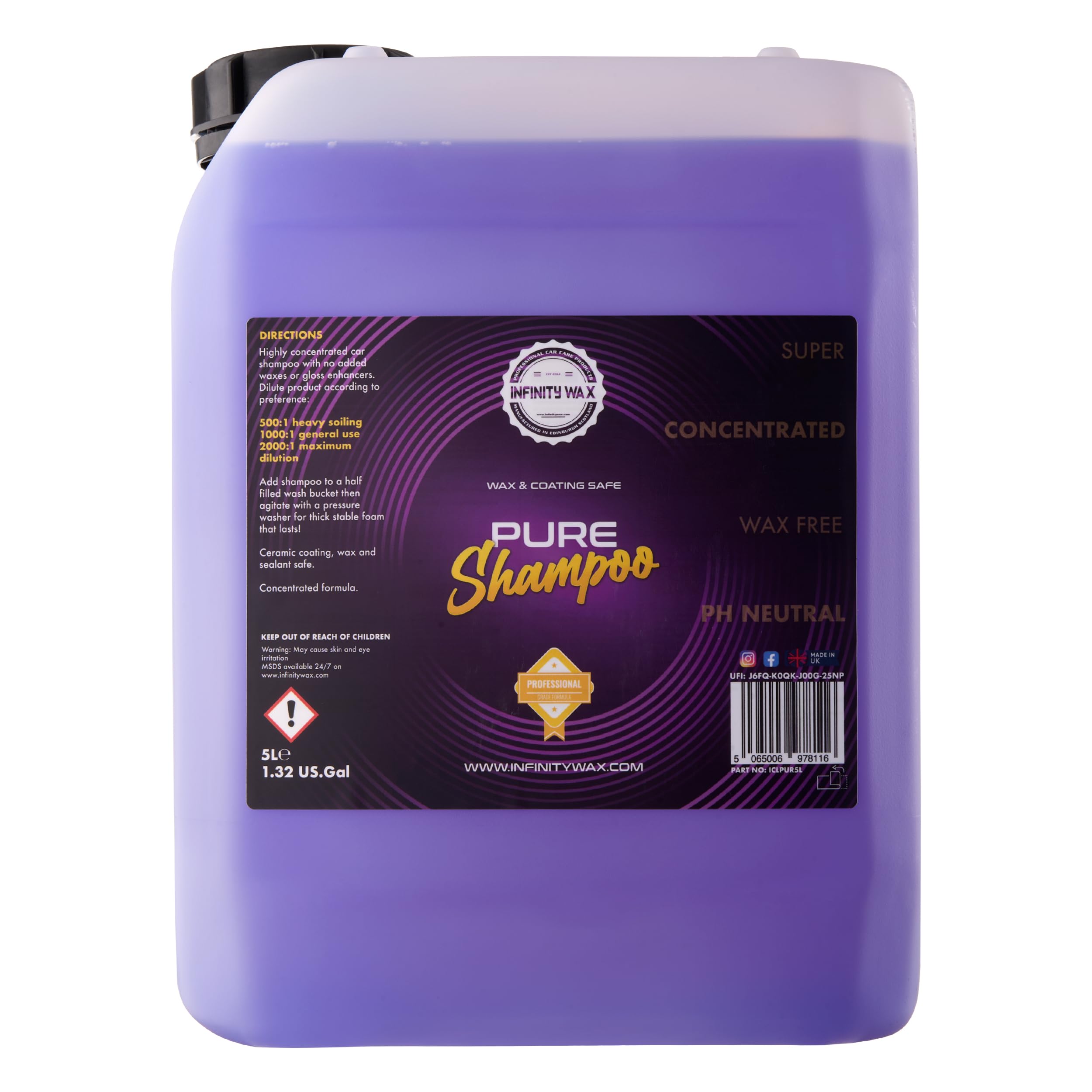 Infinity Wax Pure Shampoo Wax & Coating Safe Friendly Valet Cleaner 5L ICLPUR5L