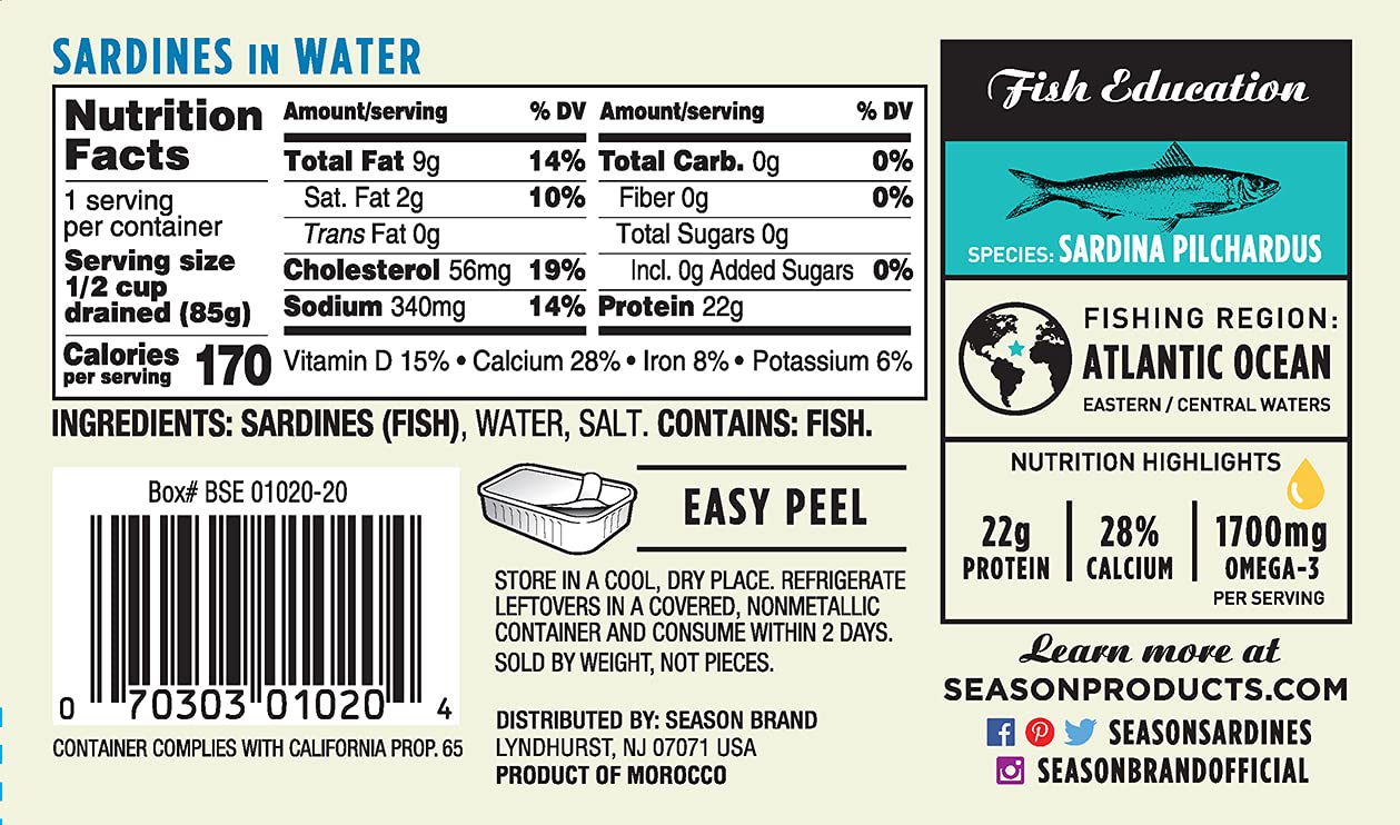 Season Sardines in Water - Wild Caught Fish, 22g of Protein, Keto Snacks, More Omega 3's Than Tuna, High in Calcium, Canned Sardines - 4.37 Oz Tins, 12-Pack